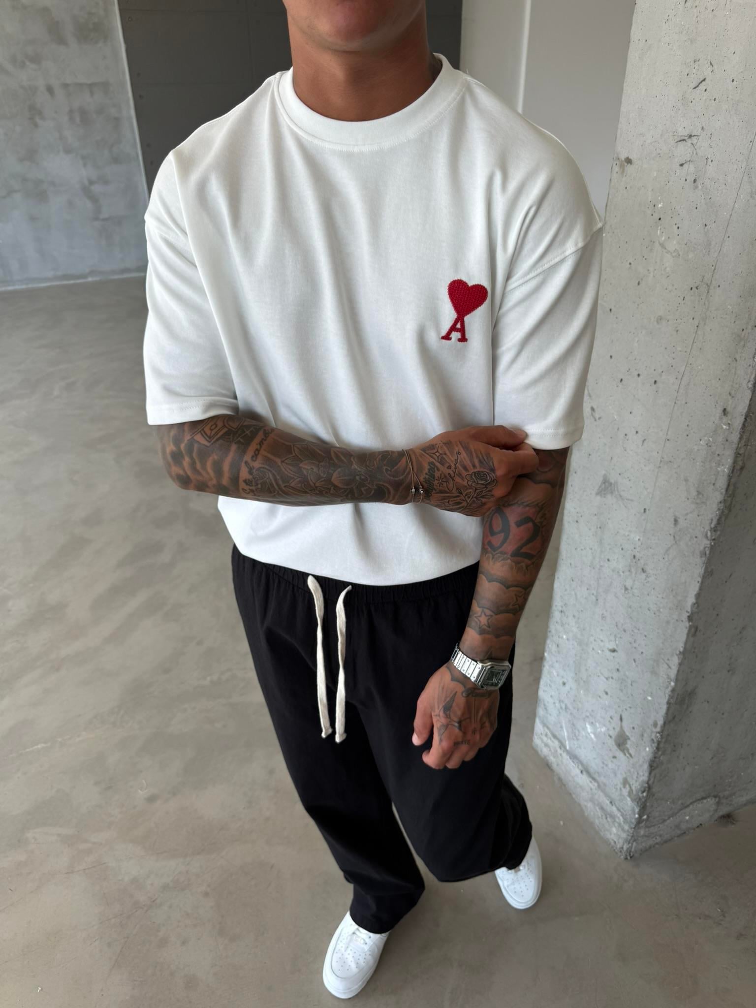 A Kalp Nakışlı Basic T-Shirt - Beyaz