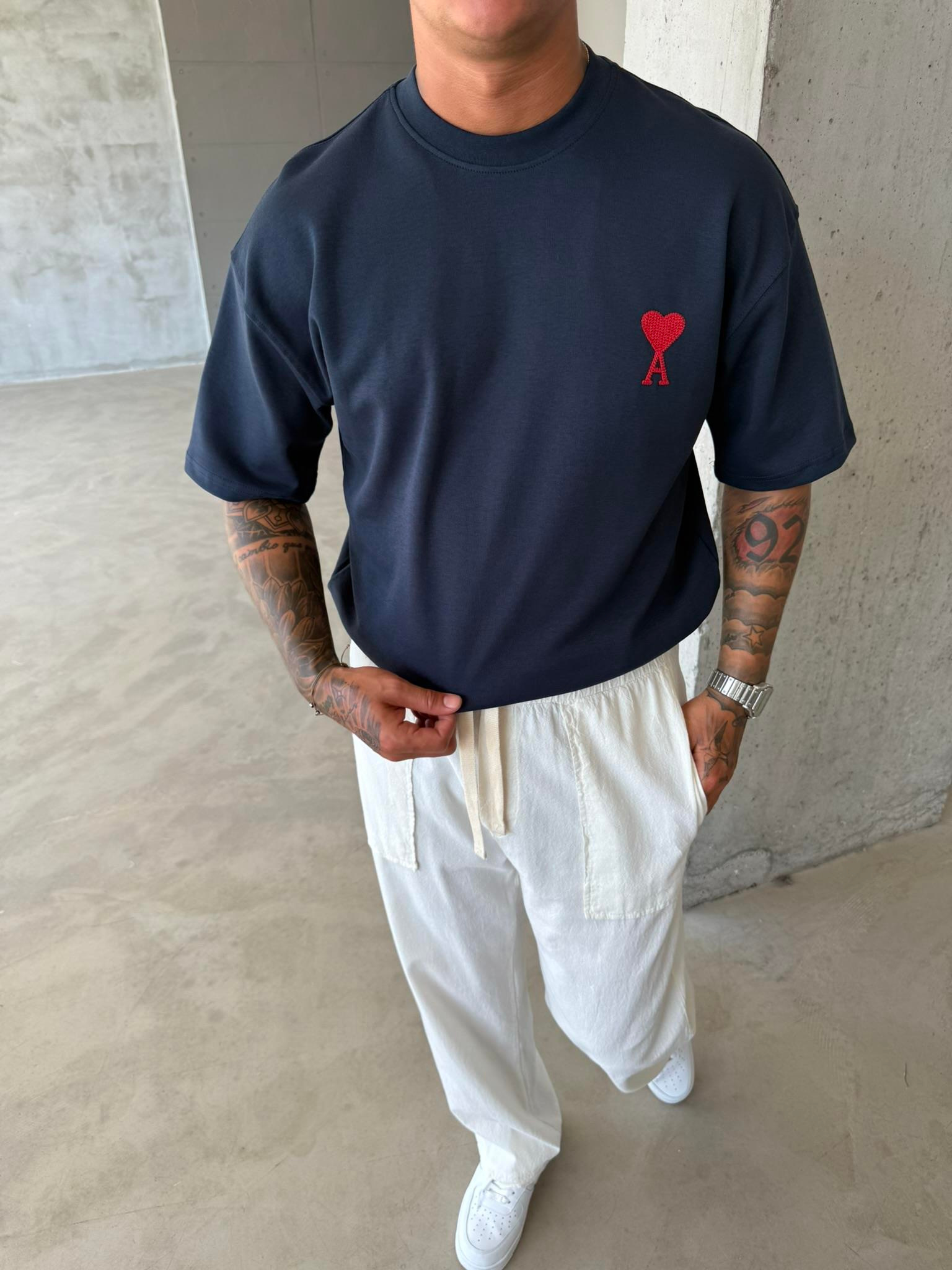 A Kalp Nakışlı Basic T-Shirt - Lacivert