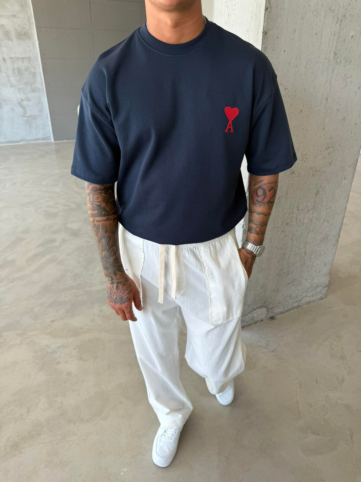 A Kalp Nakışlı Basic T-Shirt - Lacivert