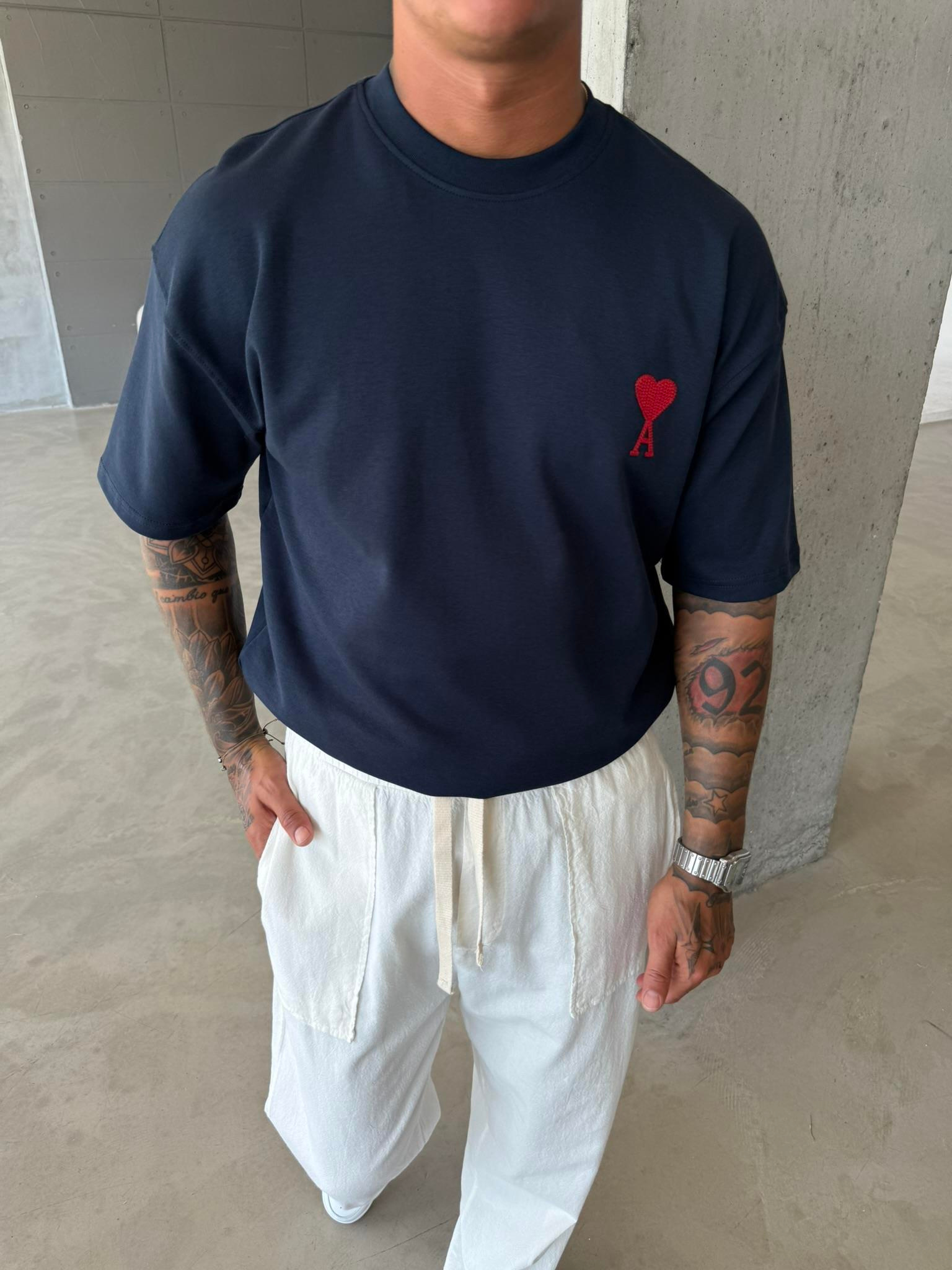 A Kalp Nakışlı Basic T-Shirt - Lacivert