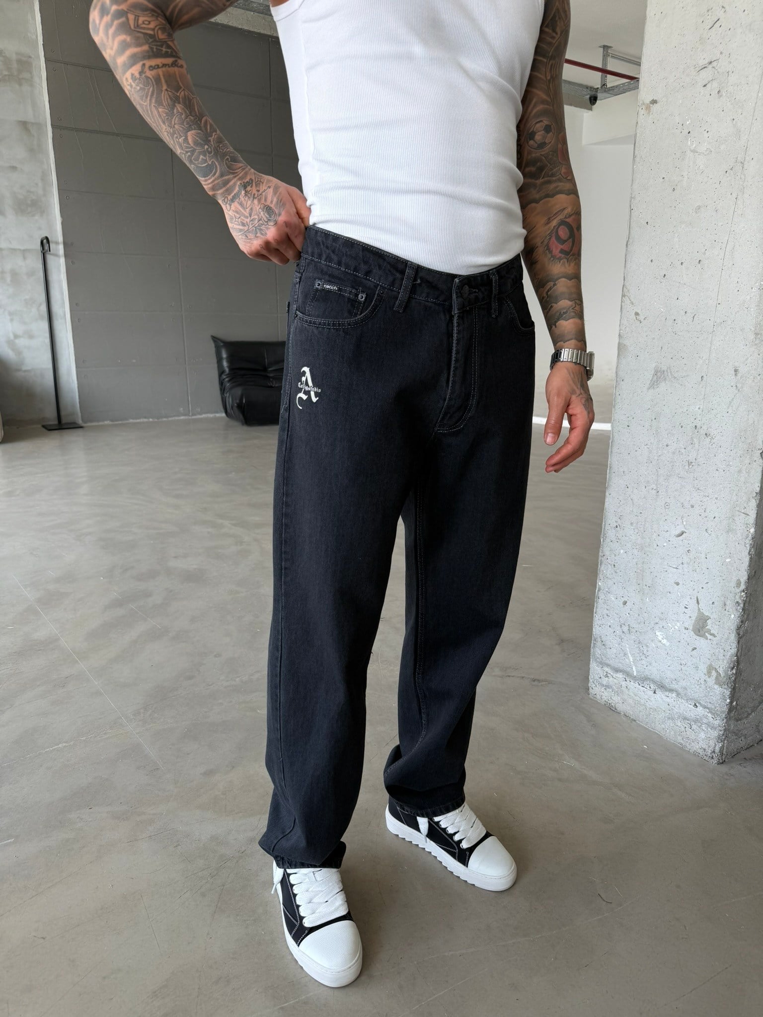 A Nakışlı Basic Premium Baggy Pantolon - Antrasit