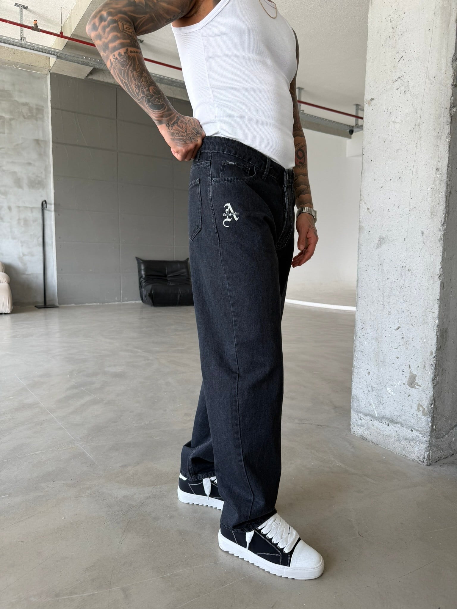 A Nakışlı Basic Premium Baggy Pantolon - Antrasit