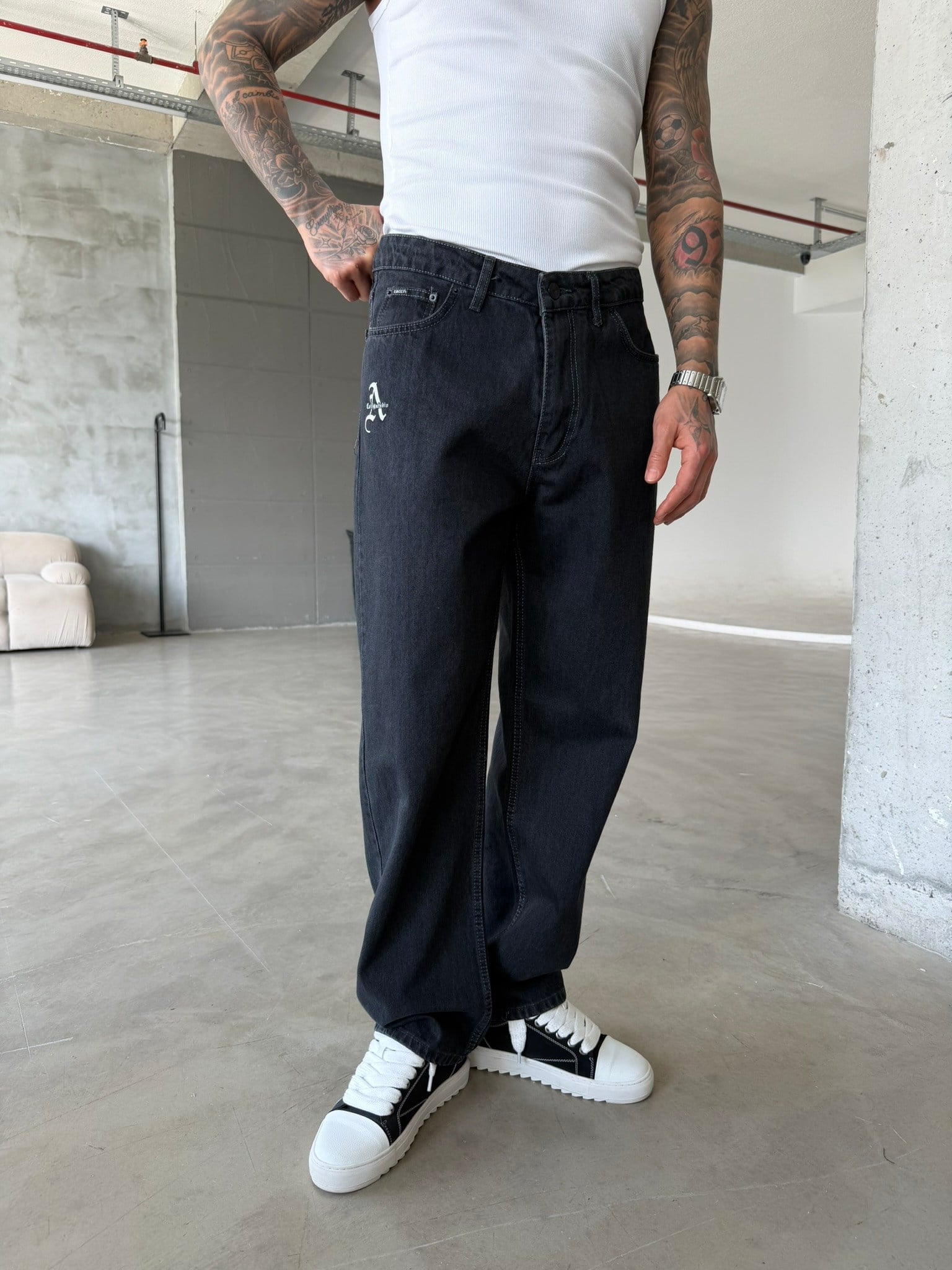 A Nakışlı Basic Premium Baggy Pantolon - Antrasit