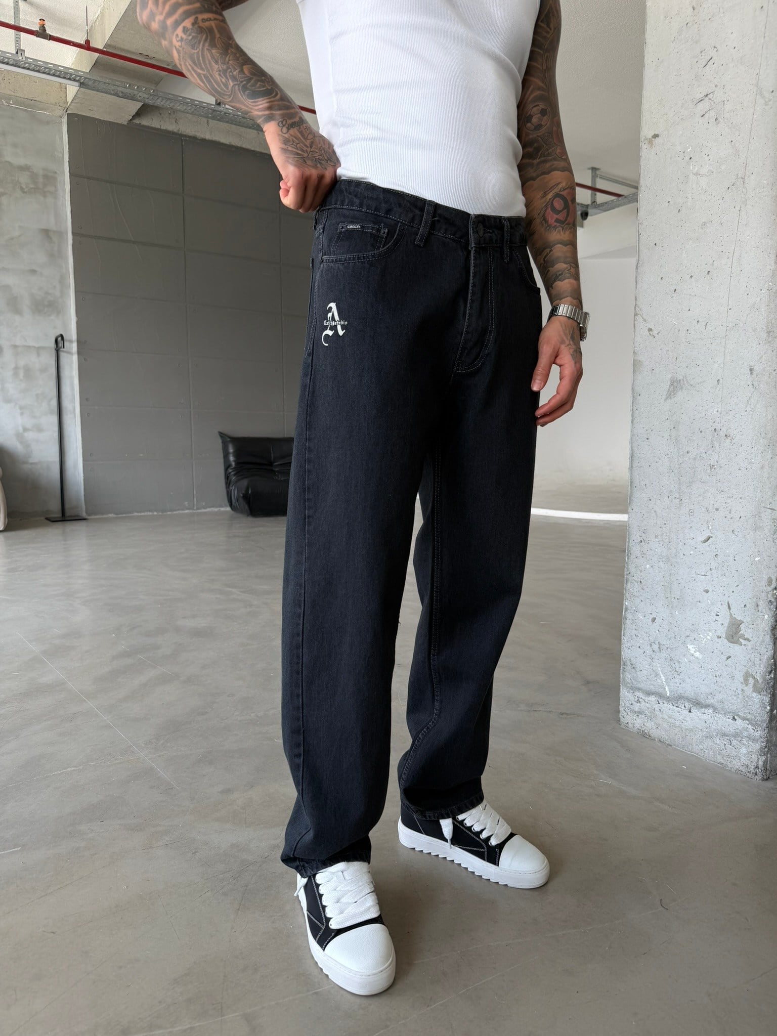 A Nakışlı Basic Premium Baggy Pantolon - Antrasit