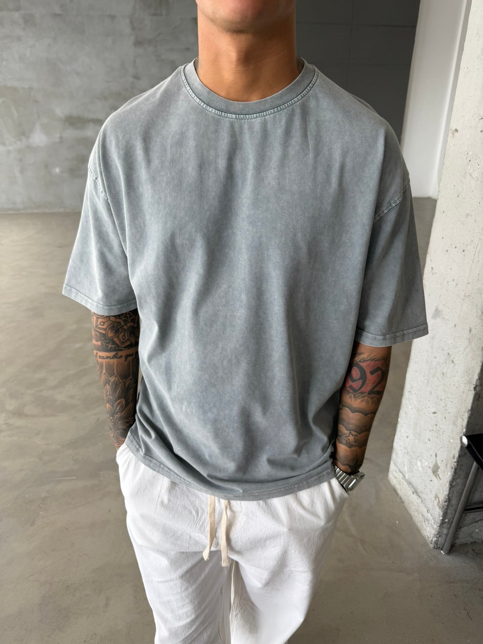 Acid Basic Yıkamalı T-Shirt - Gri