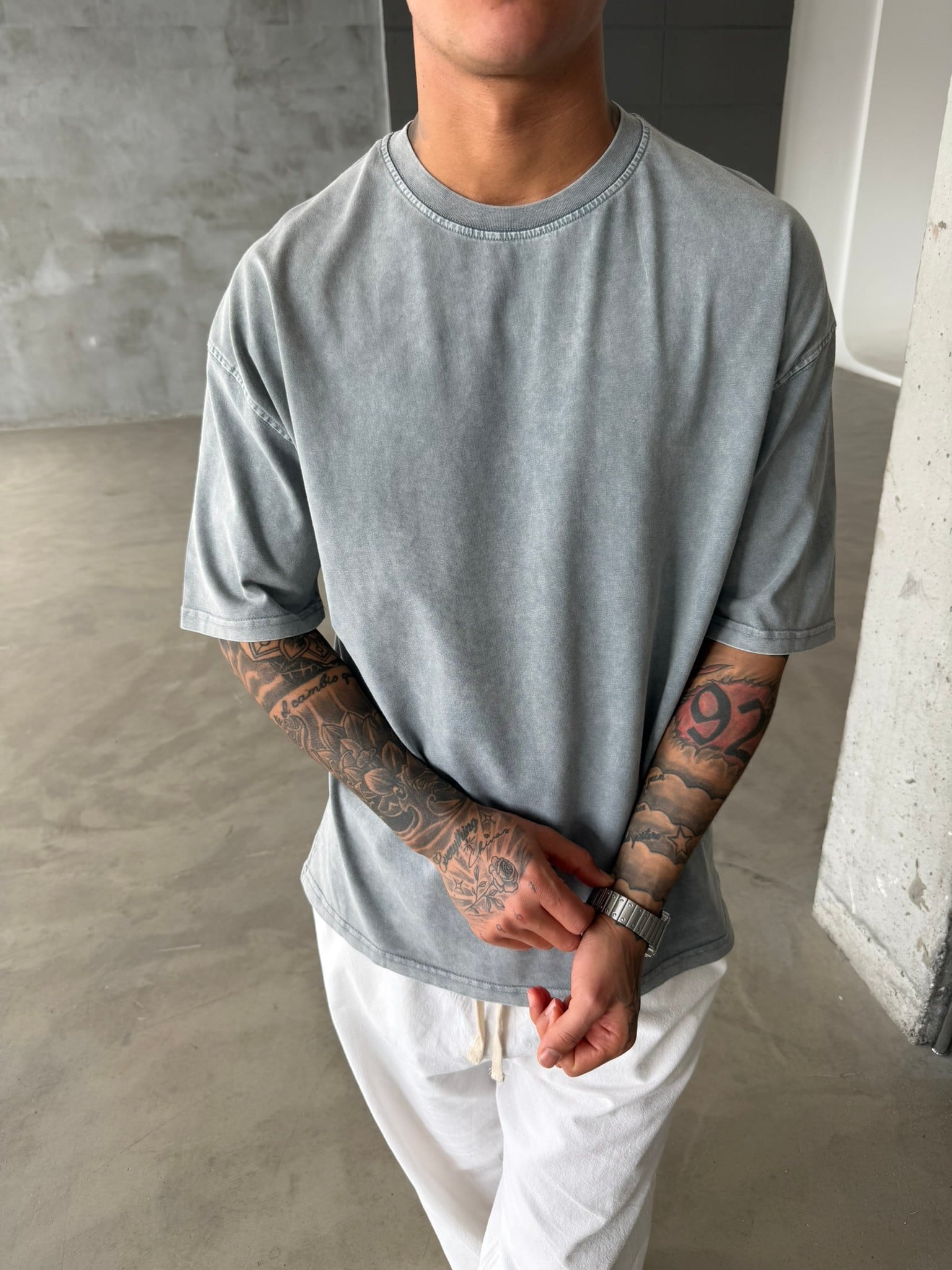 Acid Basic Yıkamalı T-Shirt - Gri