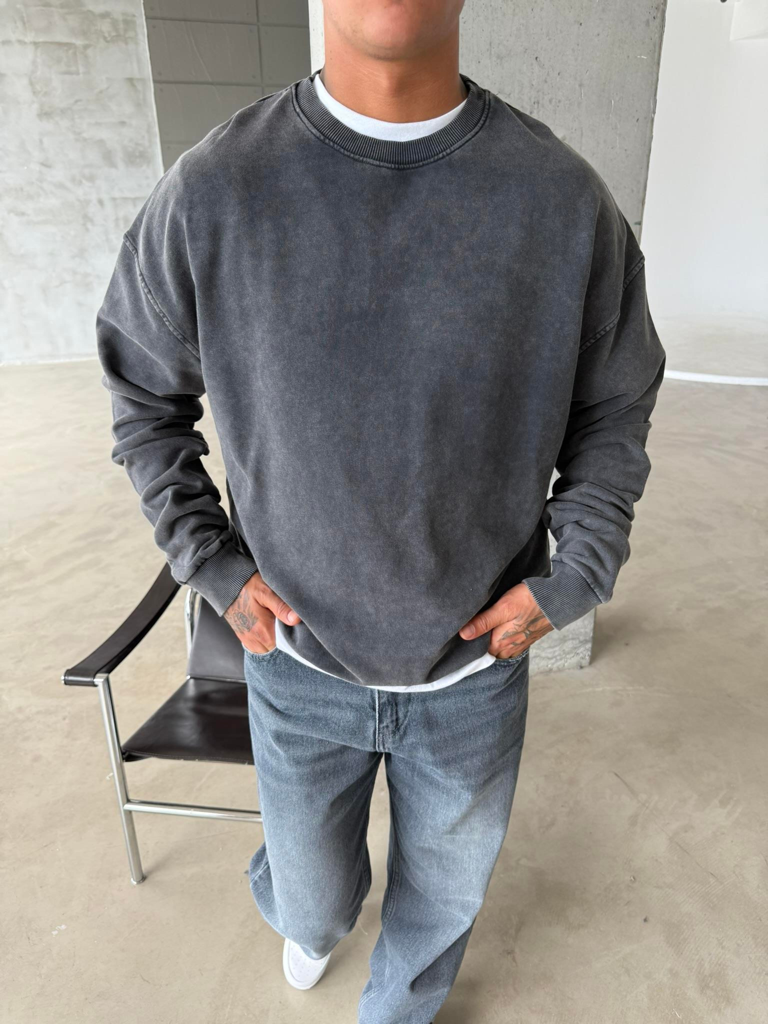 Acid Premium Basic Yıkamalı Sweatshirt - Siyah