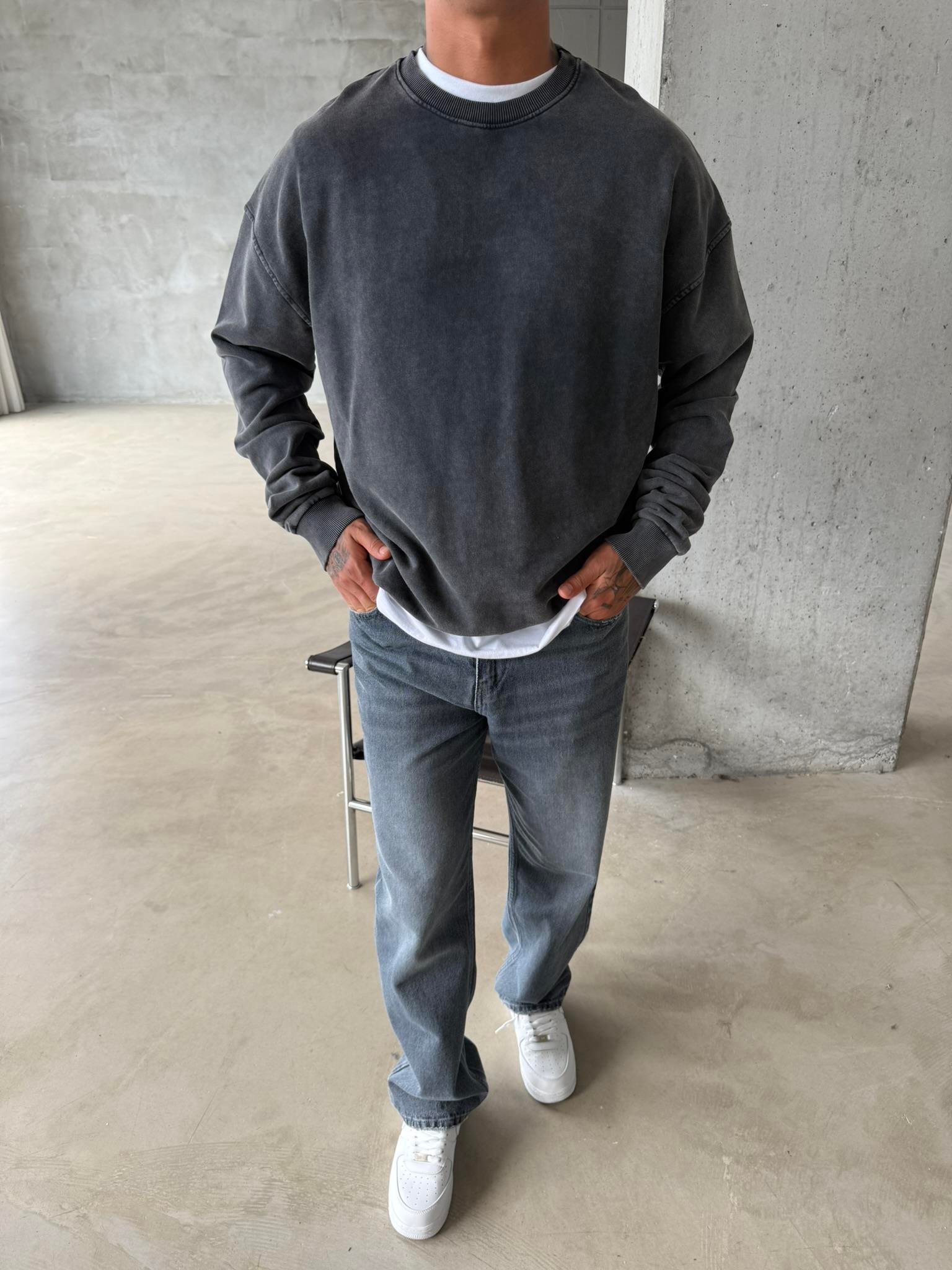 Acid Premium Basic Yıkamalı Sweatshirt - Siyah