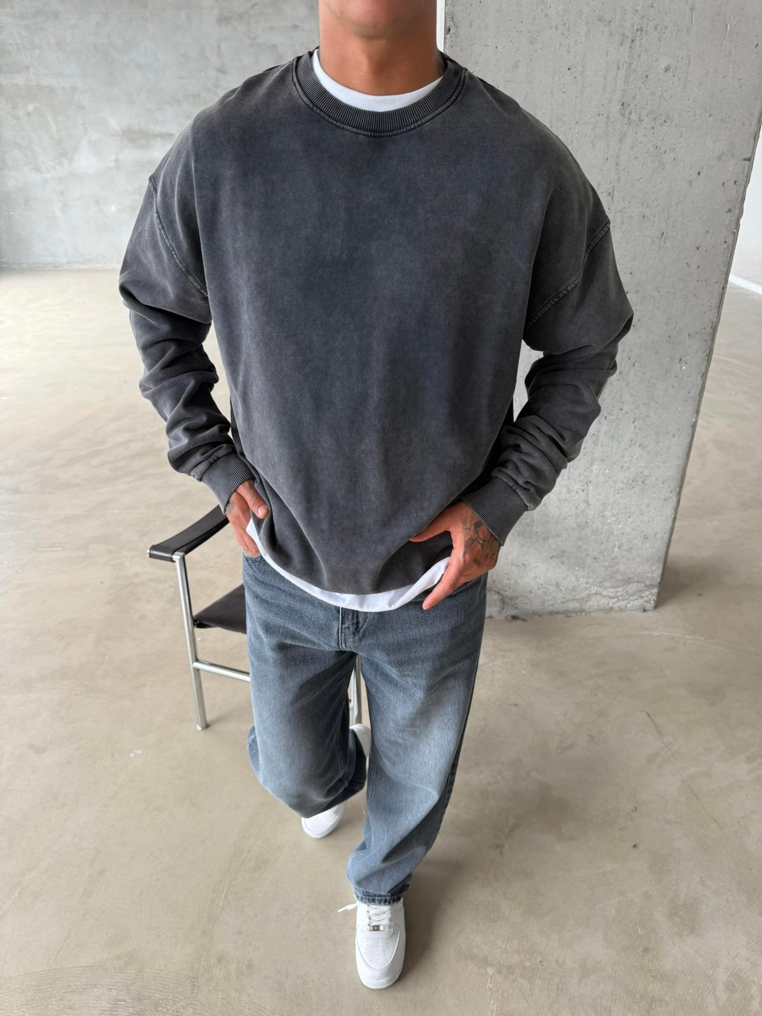 Acid Premium Basic Yıkamalı Sweatshirt - Siyah