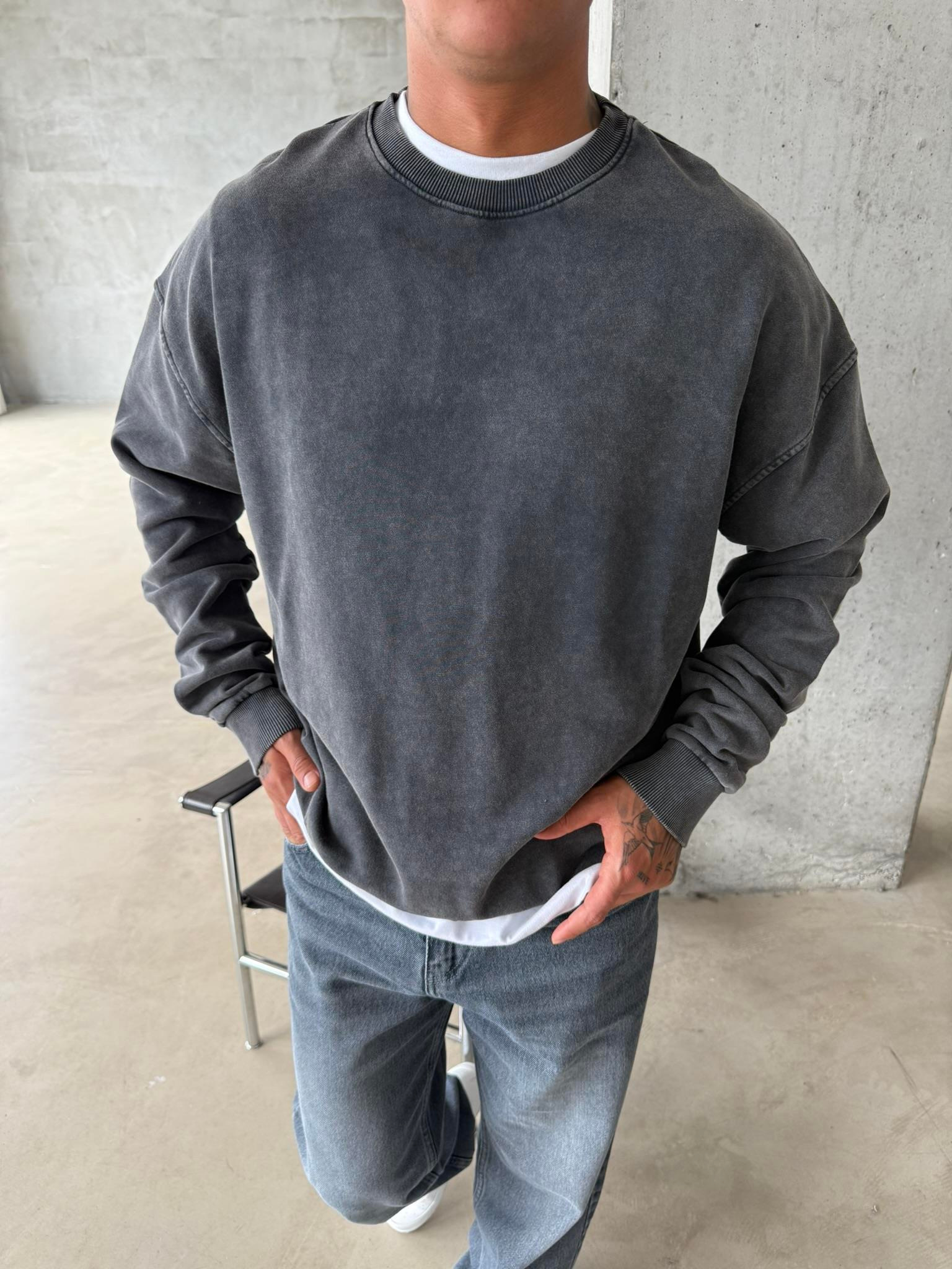 Acid Premium Basic Yıkamalı Sweatshirt - Siyah