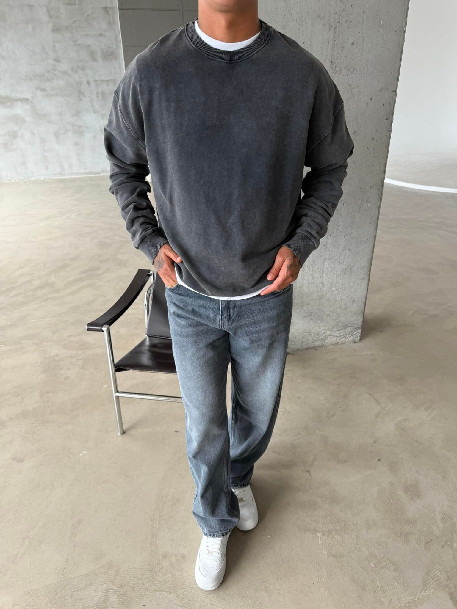 Acid Premium Basic Yıkamalı Sweatshirt - Siyah