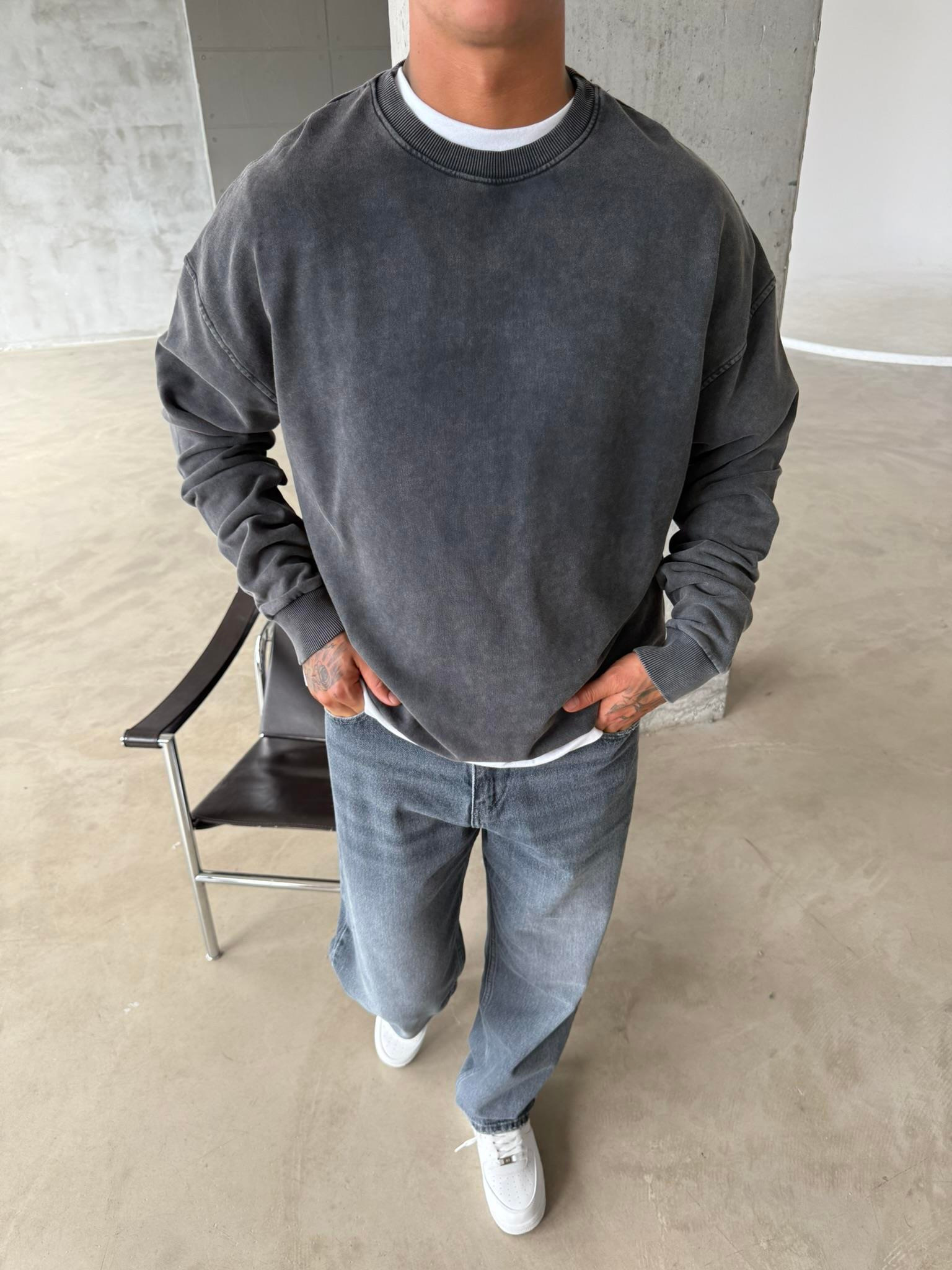 Acid Premium Basic Yıkamalı Sweatshirt - Siyah