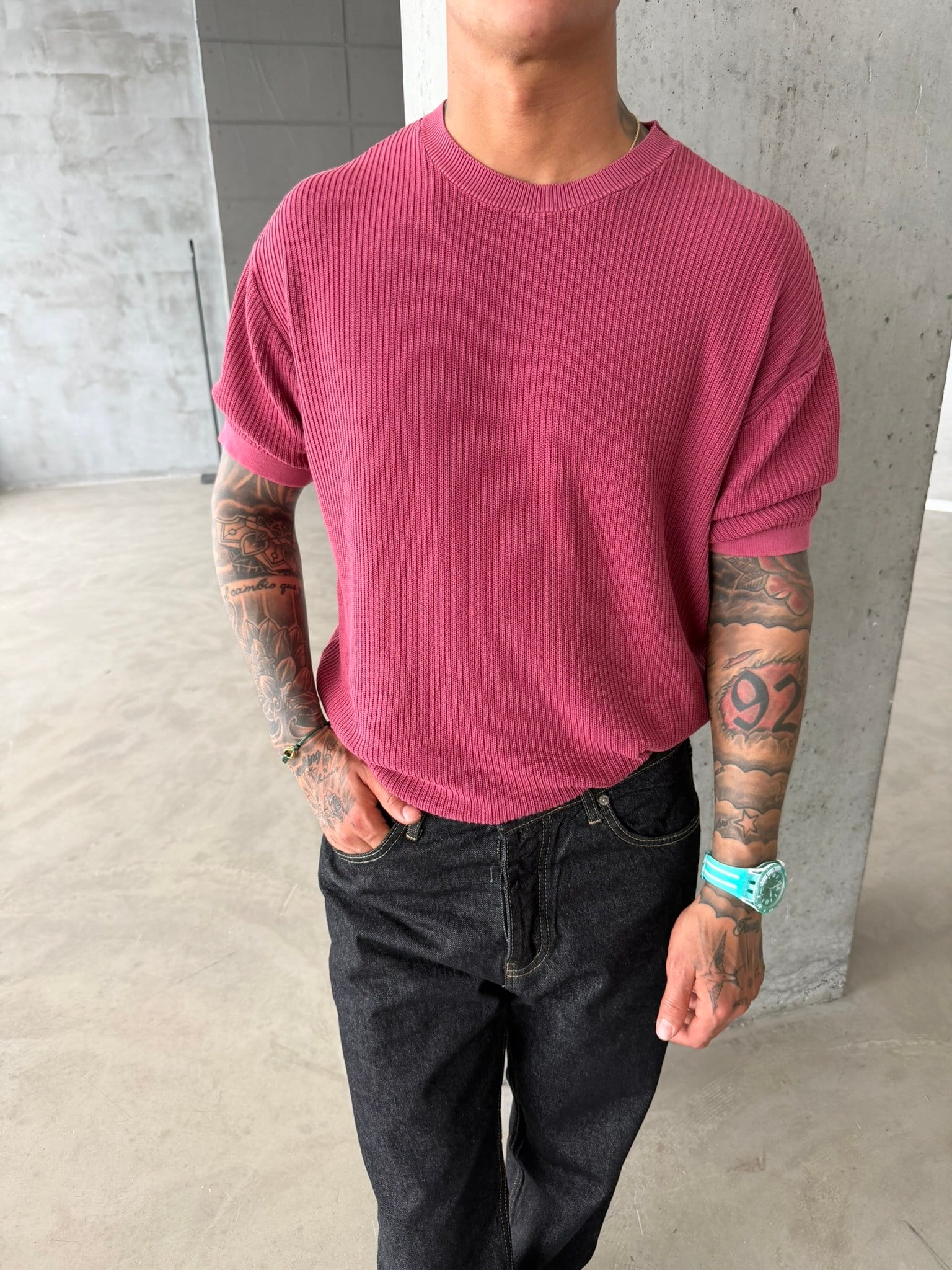 Acid Yıkamalı Fittilli Basic T-Shirt - Bordo