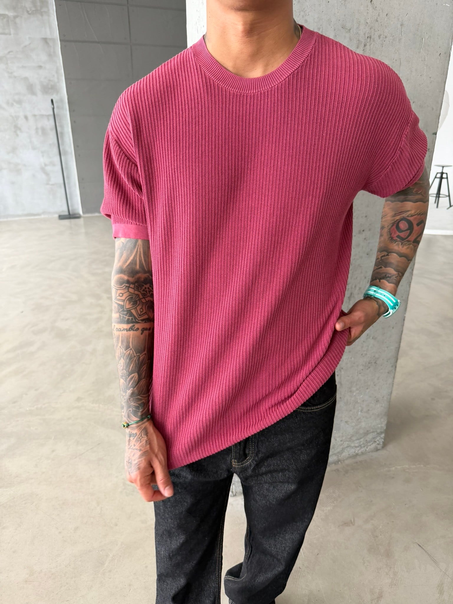 Acid Yıkamalı Fittilli Basic T-Shirt - Bordo