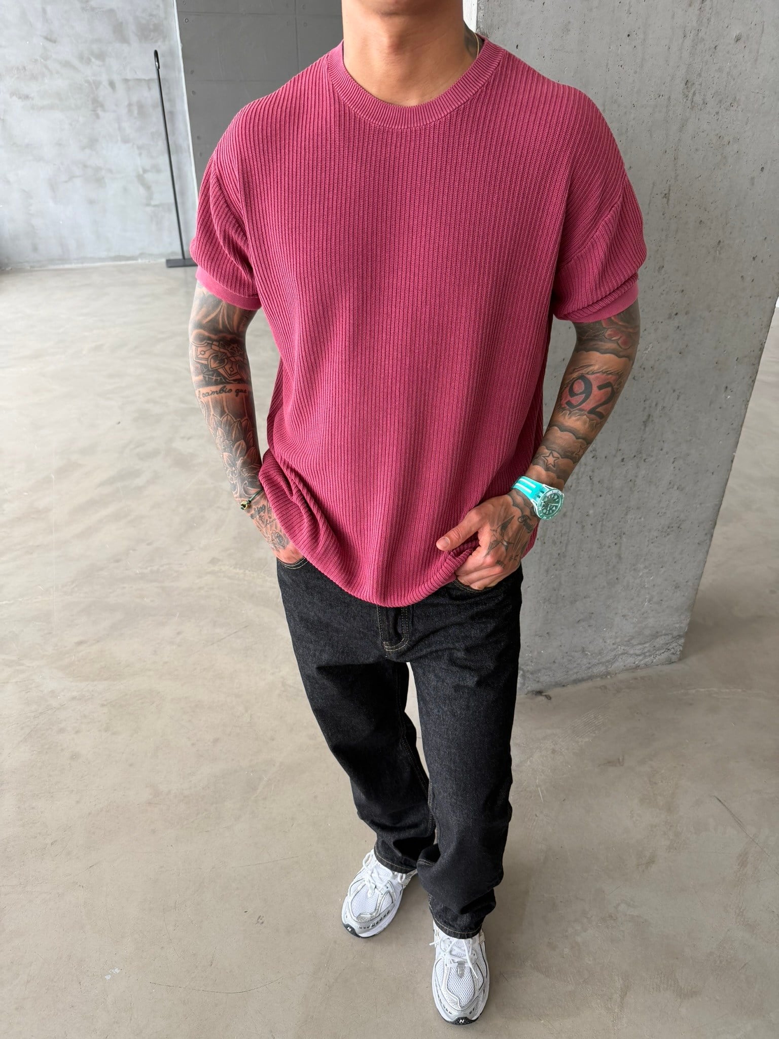 Acid Yıkamalı Fittilli Basic T-Shirt - Bordo