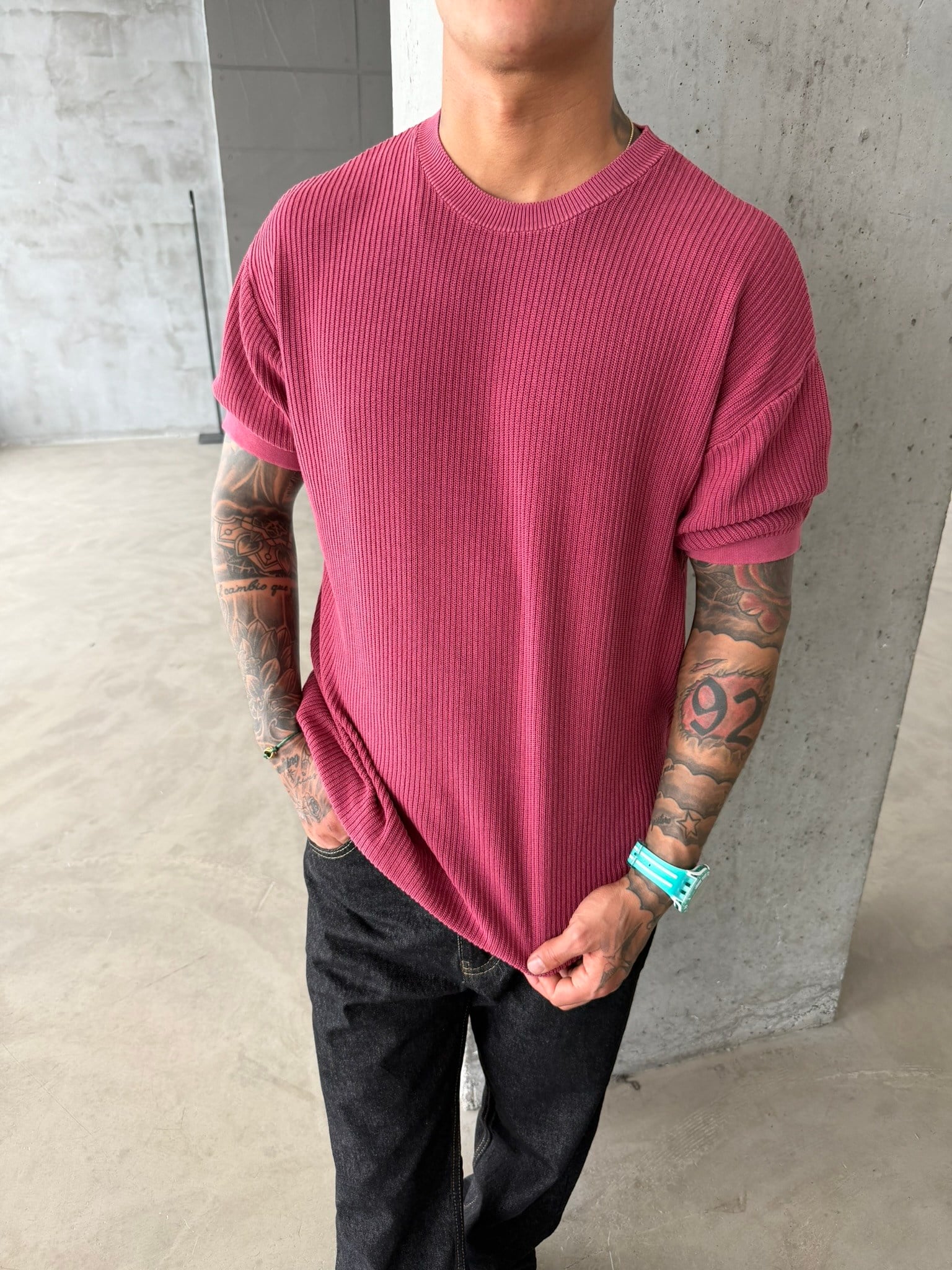 Acid Yıkamalı Fittilli Basic T-Shirt - Bordo