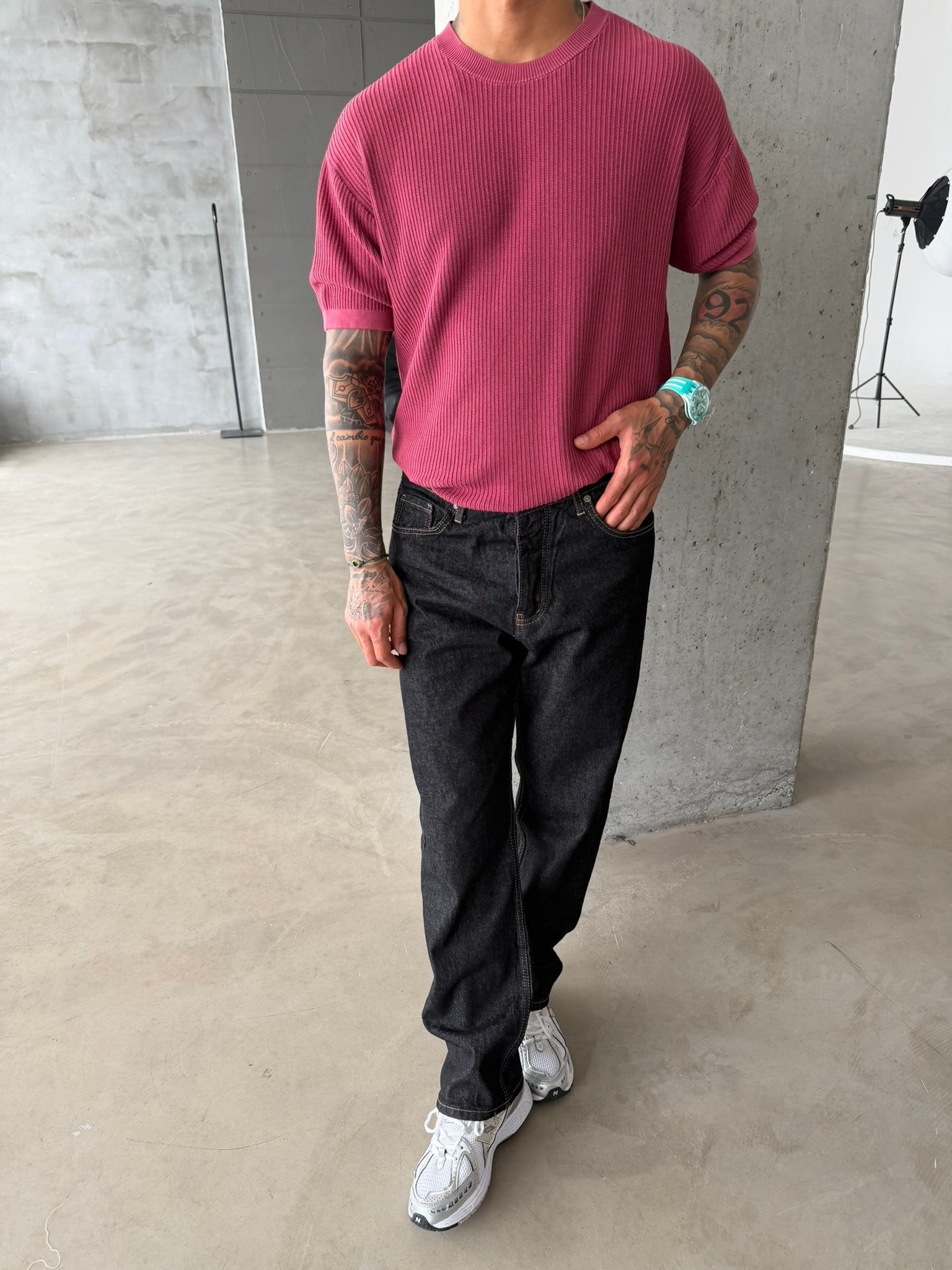 Acid Yıkamalı Fittilli Basic T-Shirt - Bordo