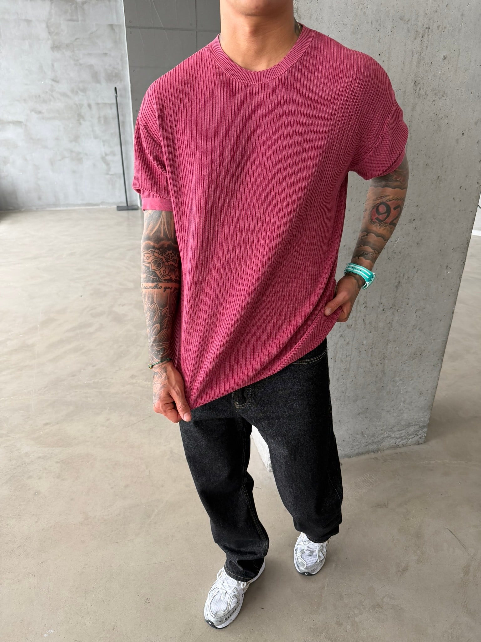 Acid Yıkamalı Fittilli Basic T-Shirt - Bordo