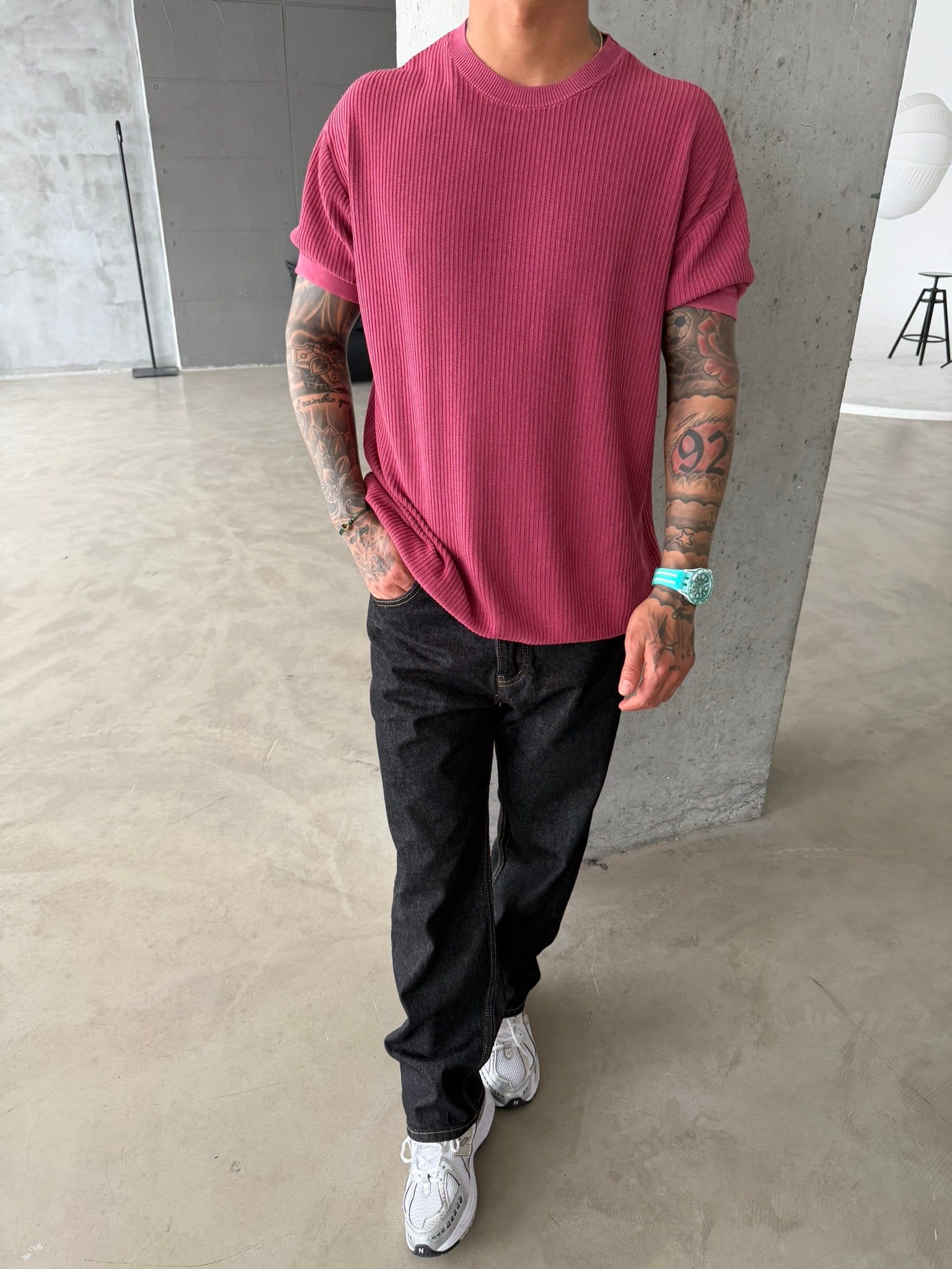 Acid Yıkamalı Fittilli Basic T-Shirt - Bordo