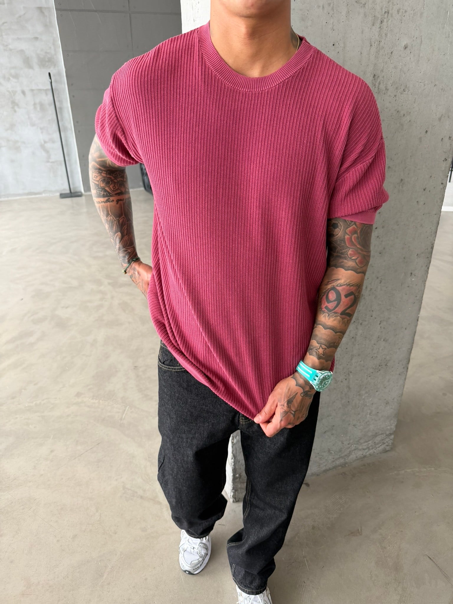 Acid Yıkamalı Fittilli Basic T-Shirt - Bordo
