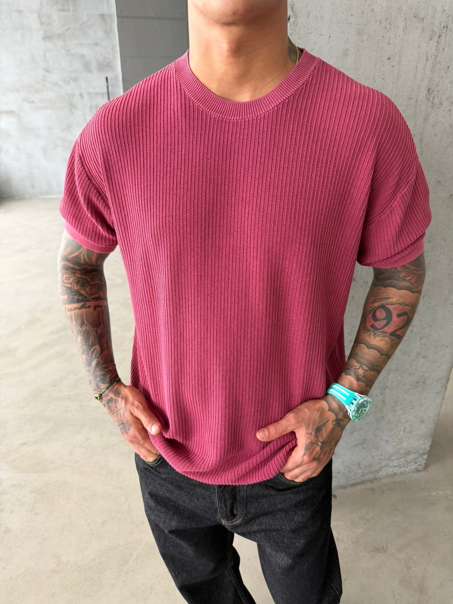 Acid Yıkamalı Fittilli Basic T-Shirt - Bordo