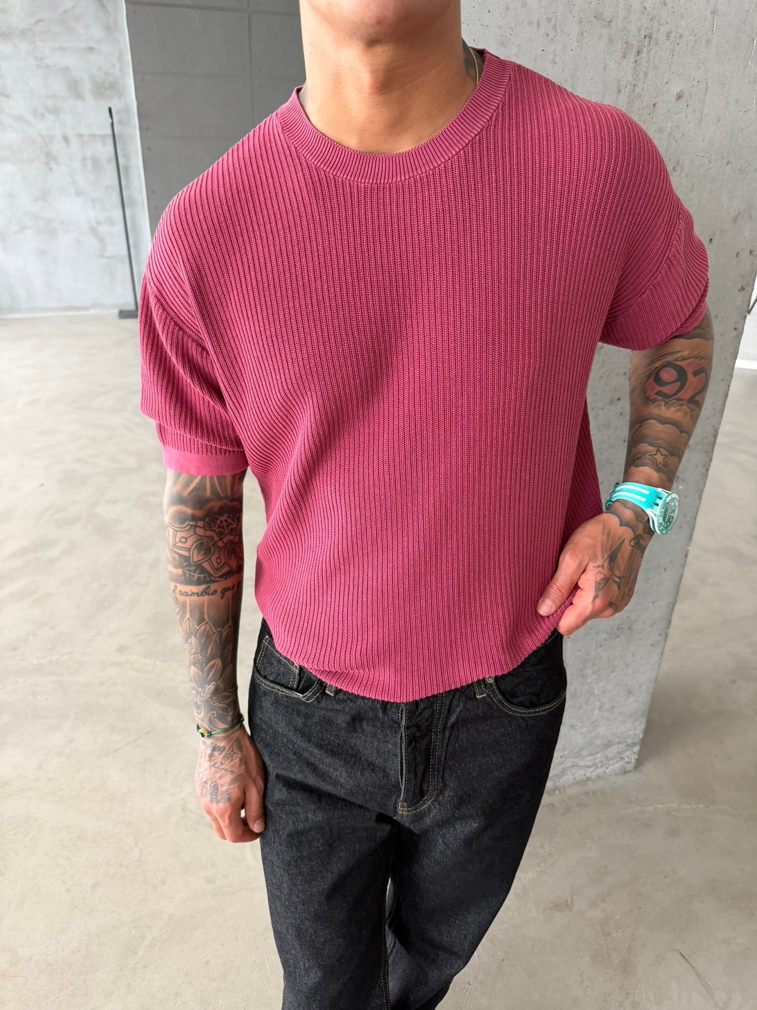 Acid Yıkamalı Fittilli Basic T-Shirt - Bordo