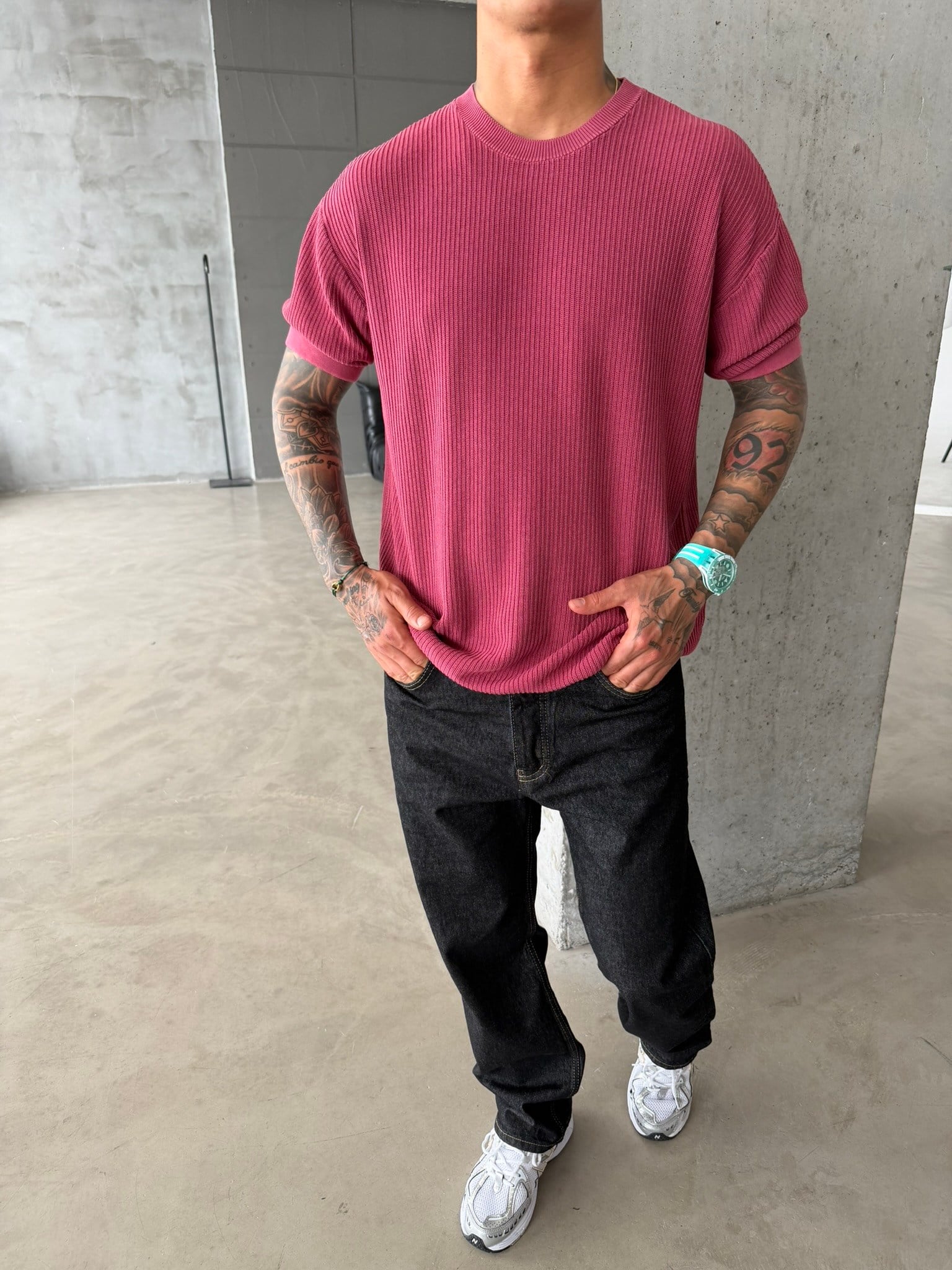 Acid Yıkamalı Fittilli Basic T-Shirt - Bordo