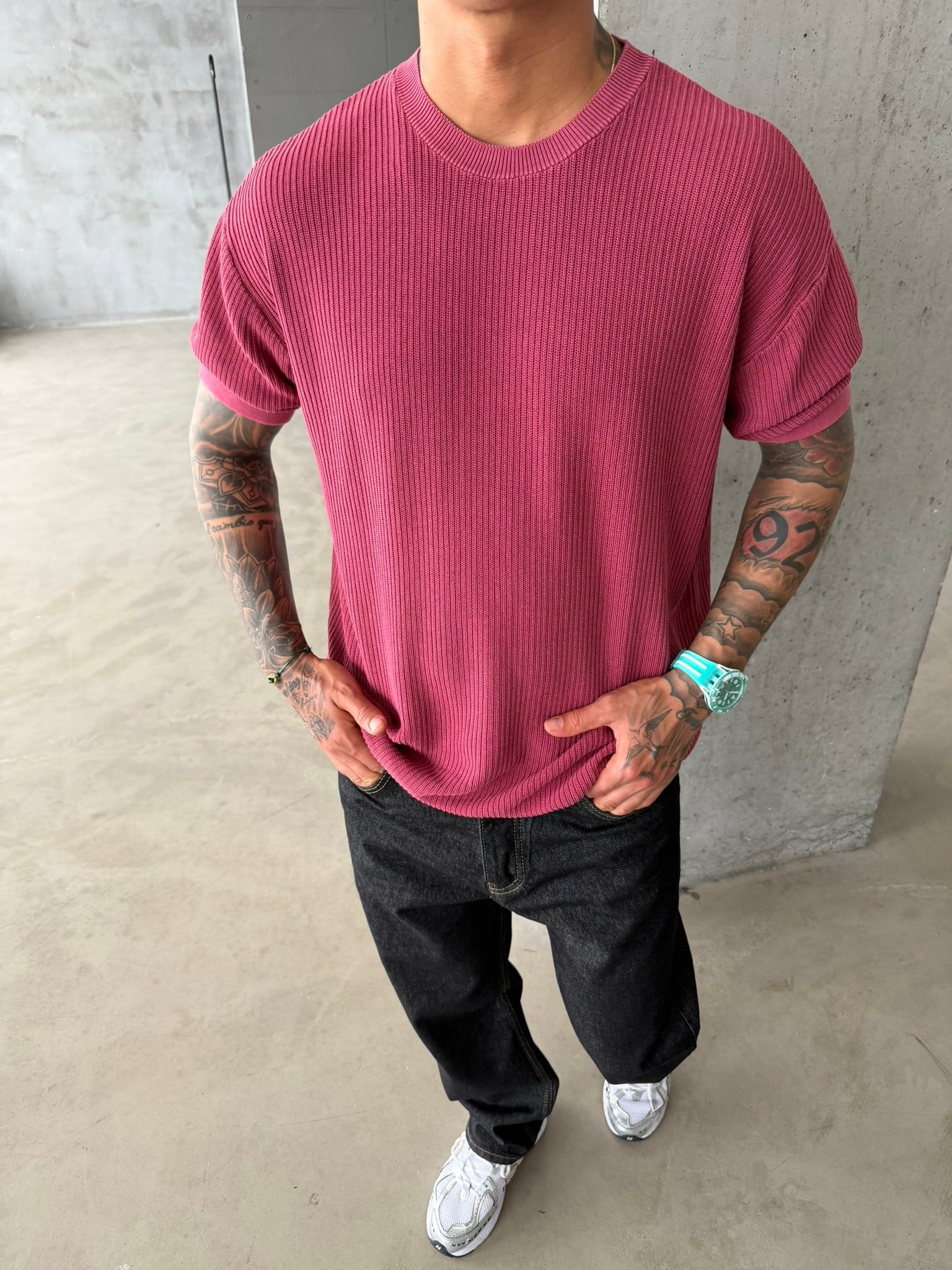 Acid Yıkamalı Fittilli Basic T-Shirt - Bordo