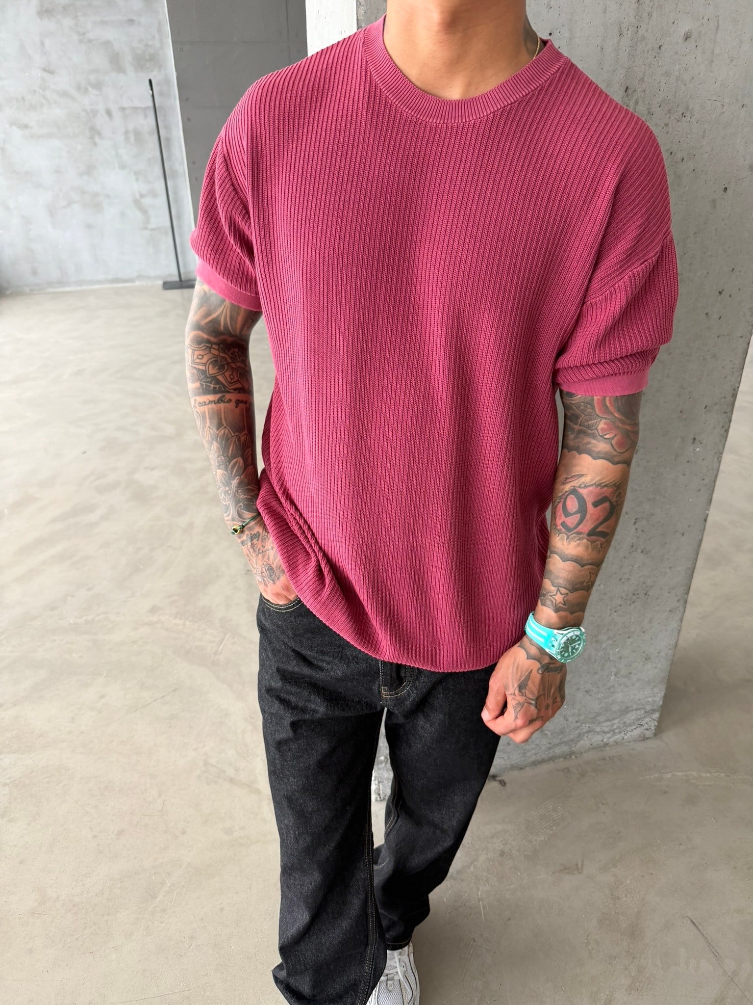 Acid Yıkamalı Fittilli Basic T-Shirt - Bordo