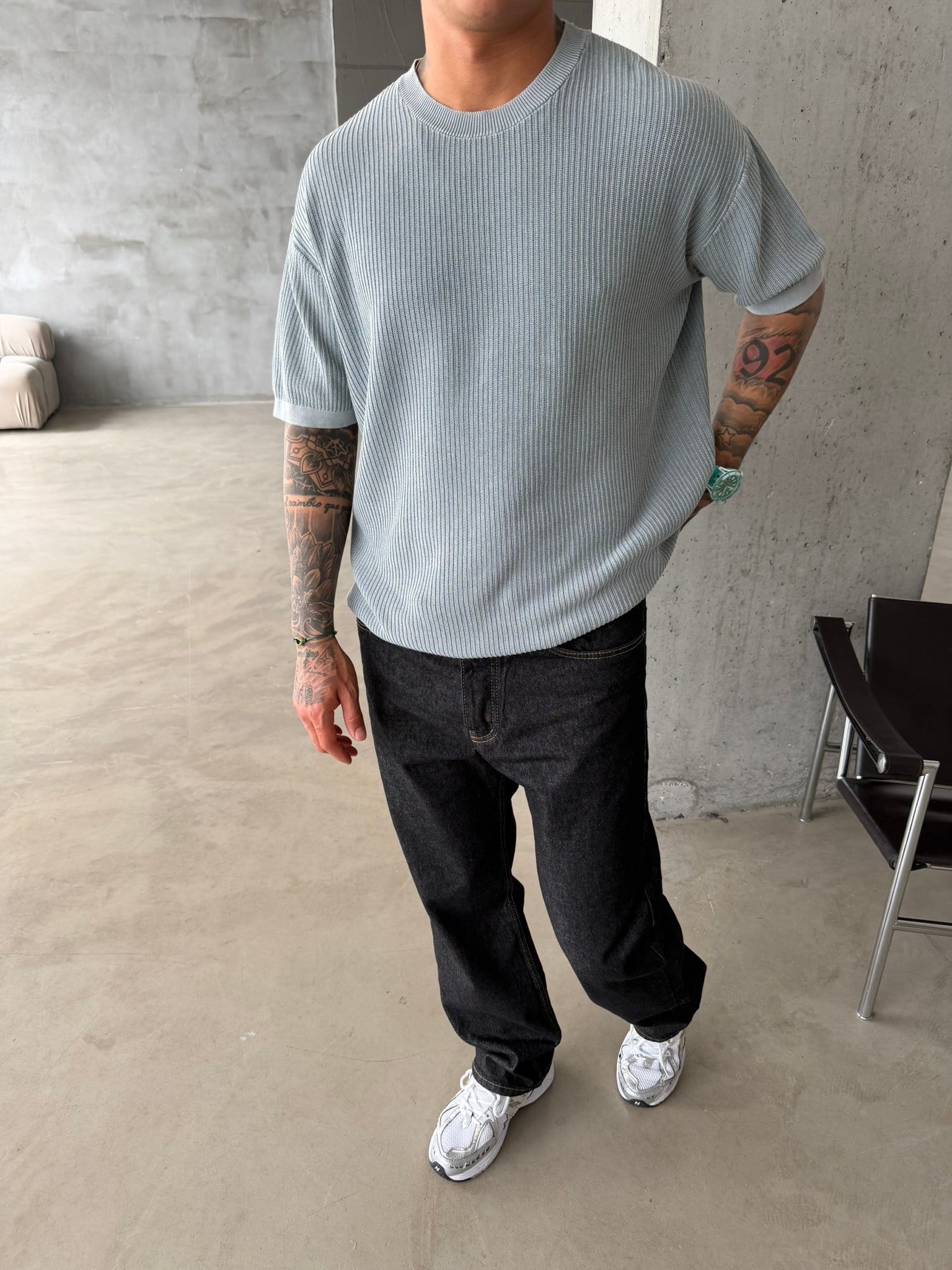 Acid Yıkamalı Fittilli Basic T-Shirt - Gri
