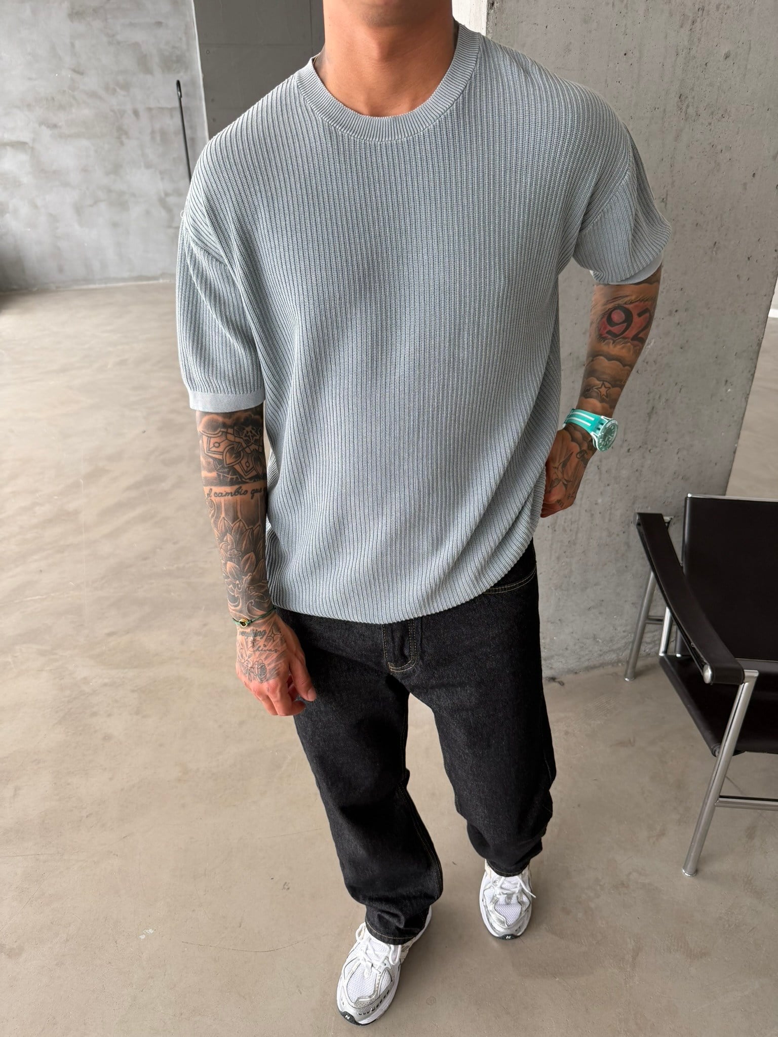 Acid Yıkamalı Fittilli Basic T-Shirt - Gri