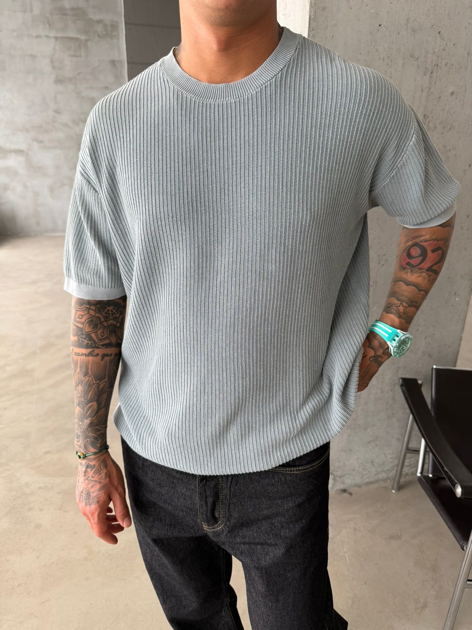 Acid Yıkamalı Fittilli Basic T-Shirt - Gri