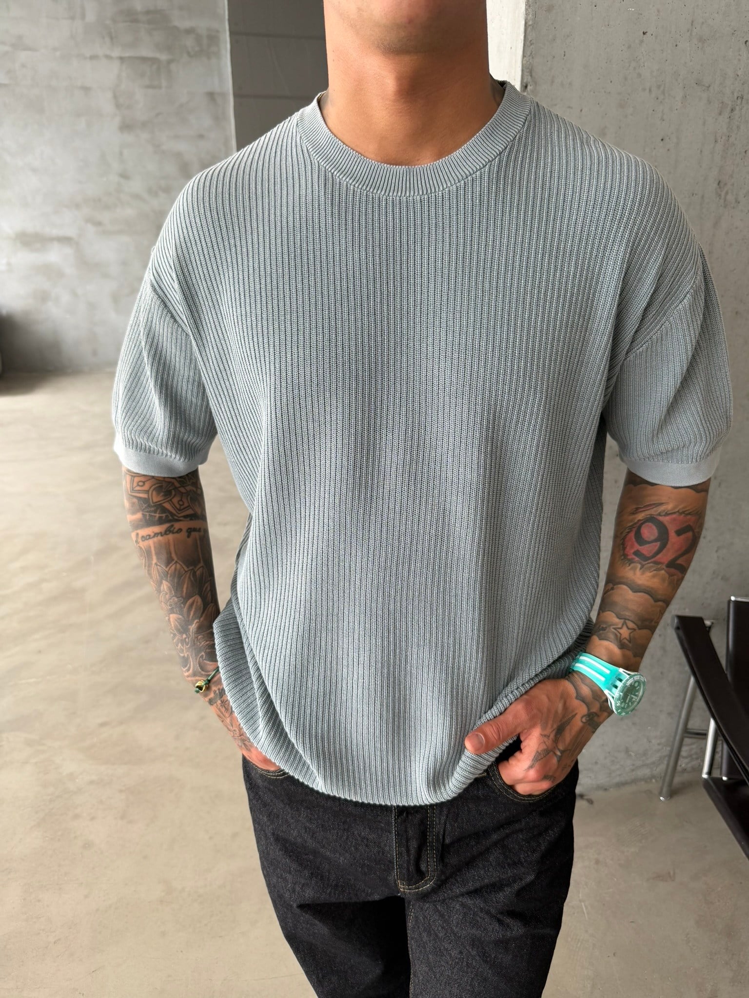 Acid Yıkamalı Fittilli Basic T-Shirt - Gri