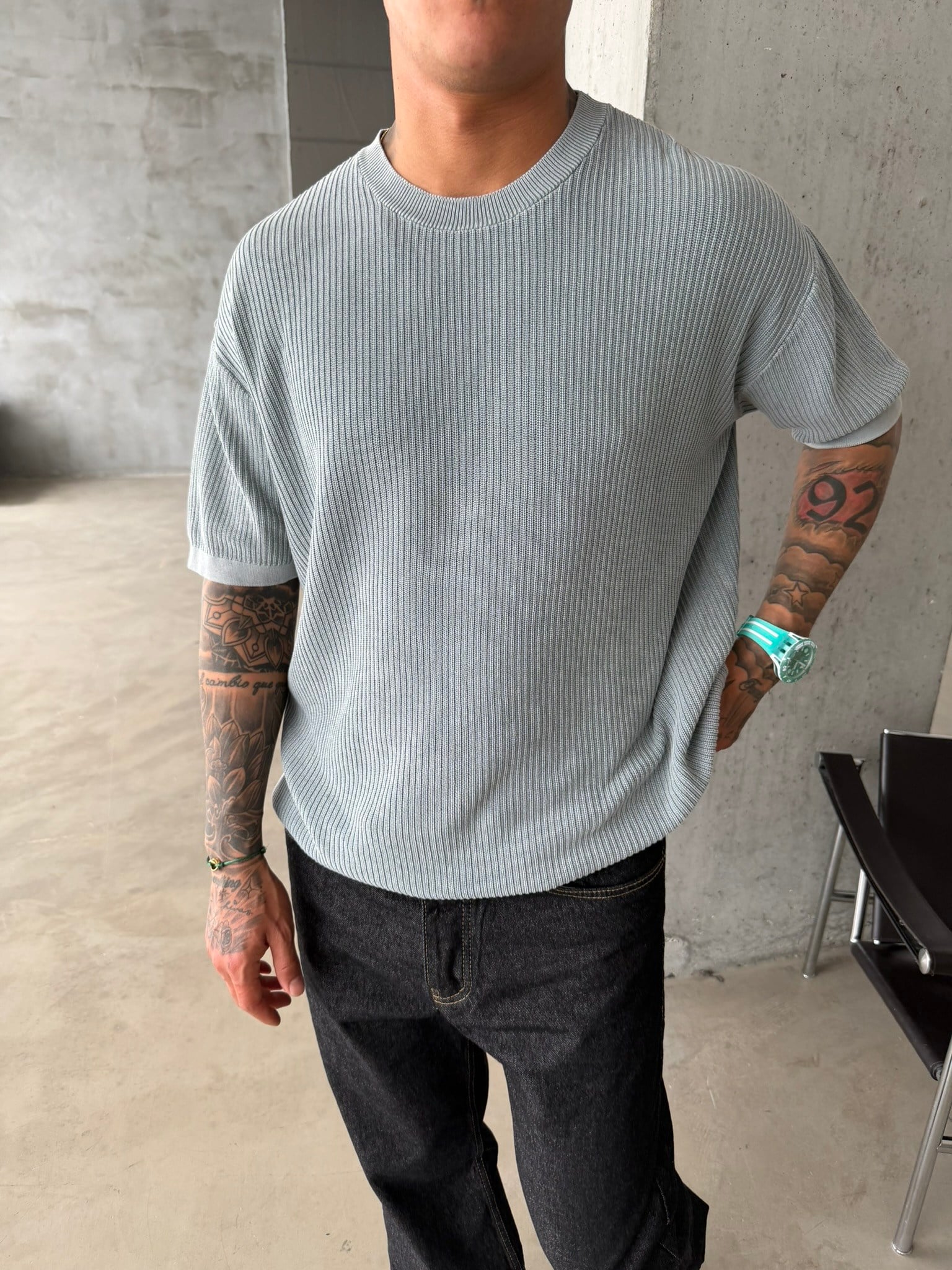 Acid Yıkamalı Fittilli Basic T-Shirt - Gri