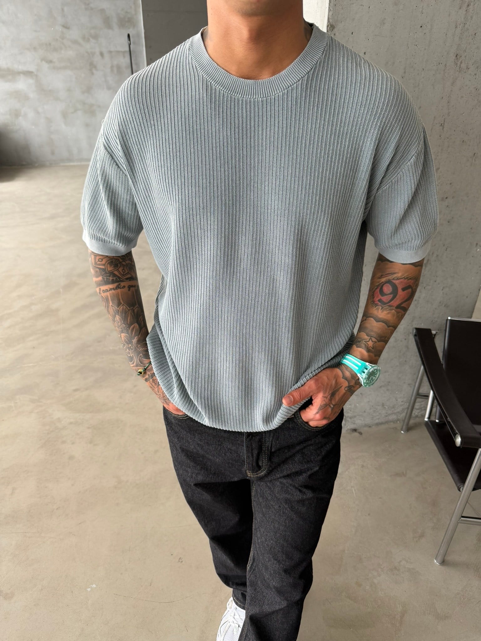 Acid Yıkamalı Fittilli Basic T-Shirt - Gri