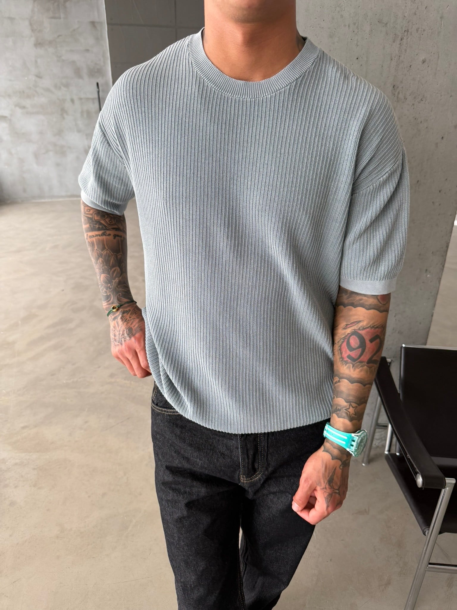 Acid Yıkamalı Fittilli Basic T-Shirt - Gri