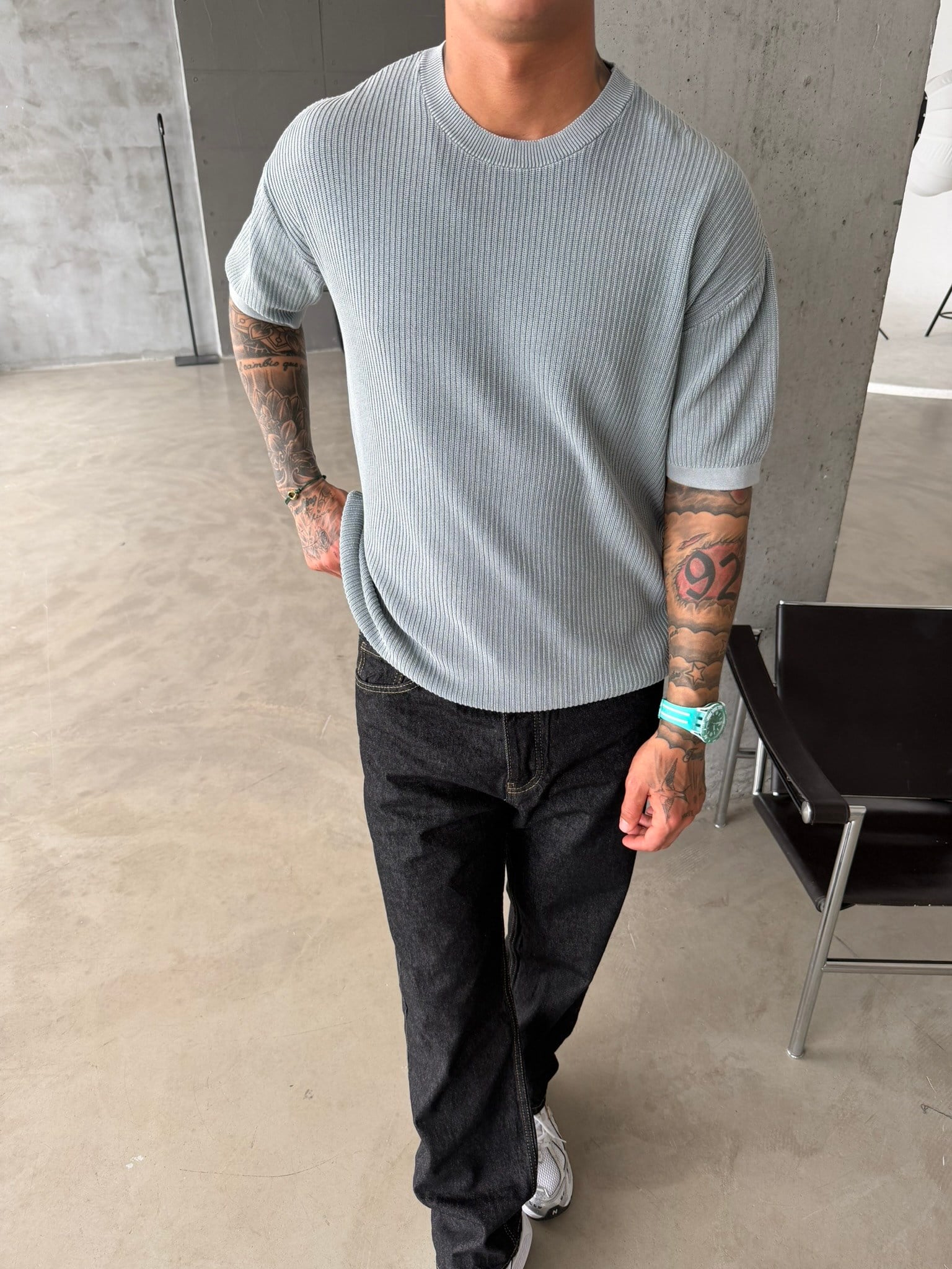 Acid Yıkamalı Fittilli Basic T-Shirt - Gri