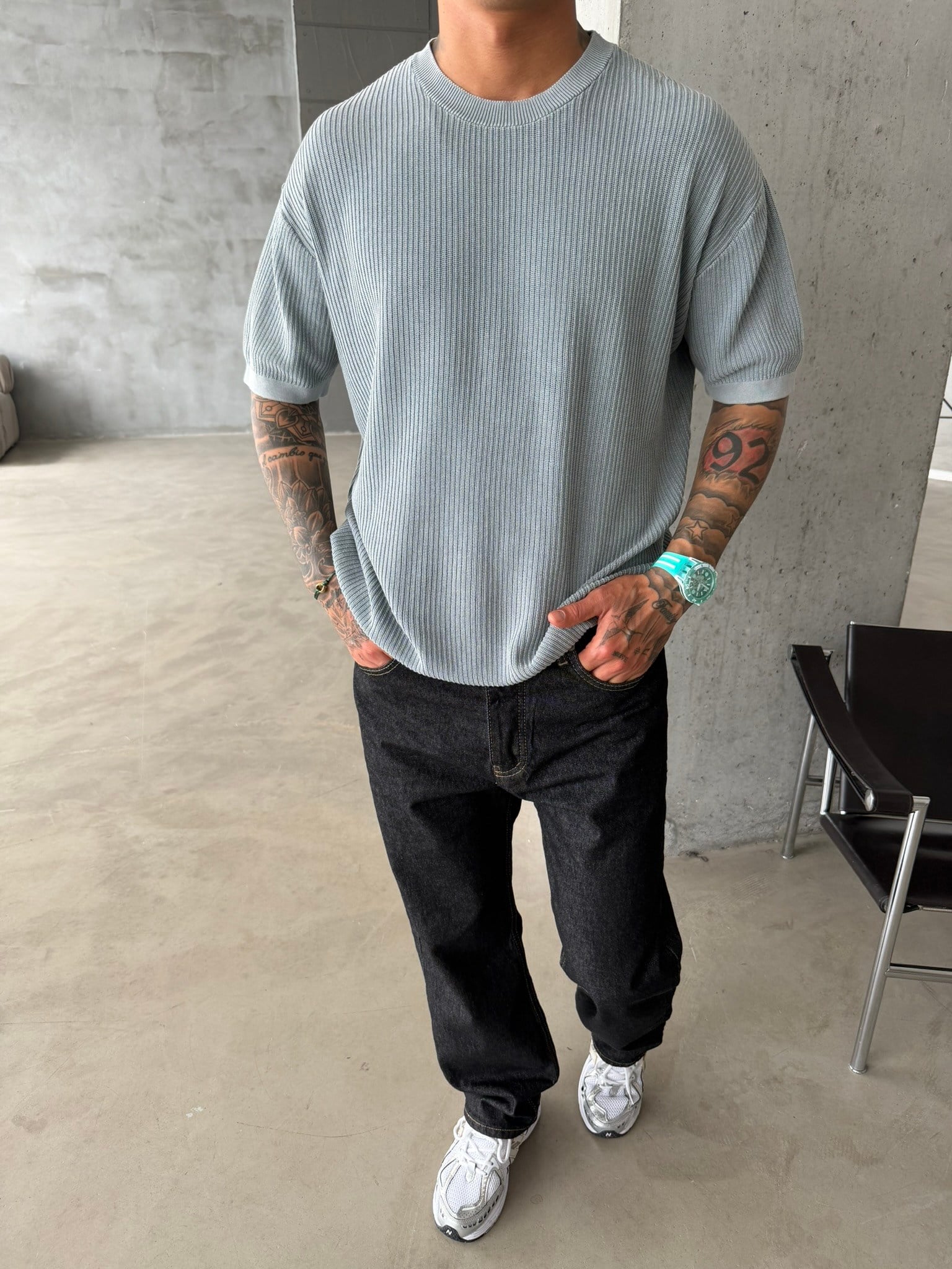 Acid Yıkamalı Fittilli Basic T-Shirt - Gri