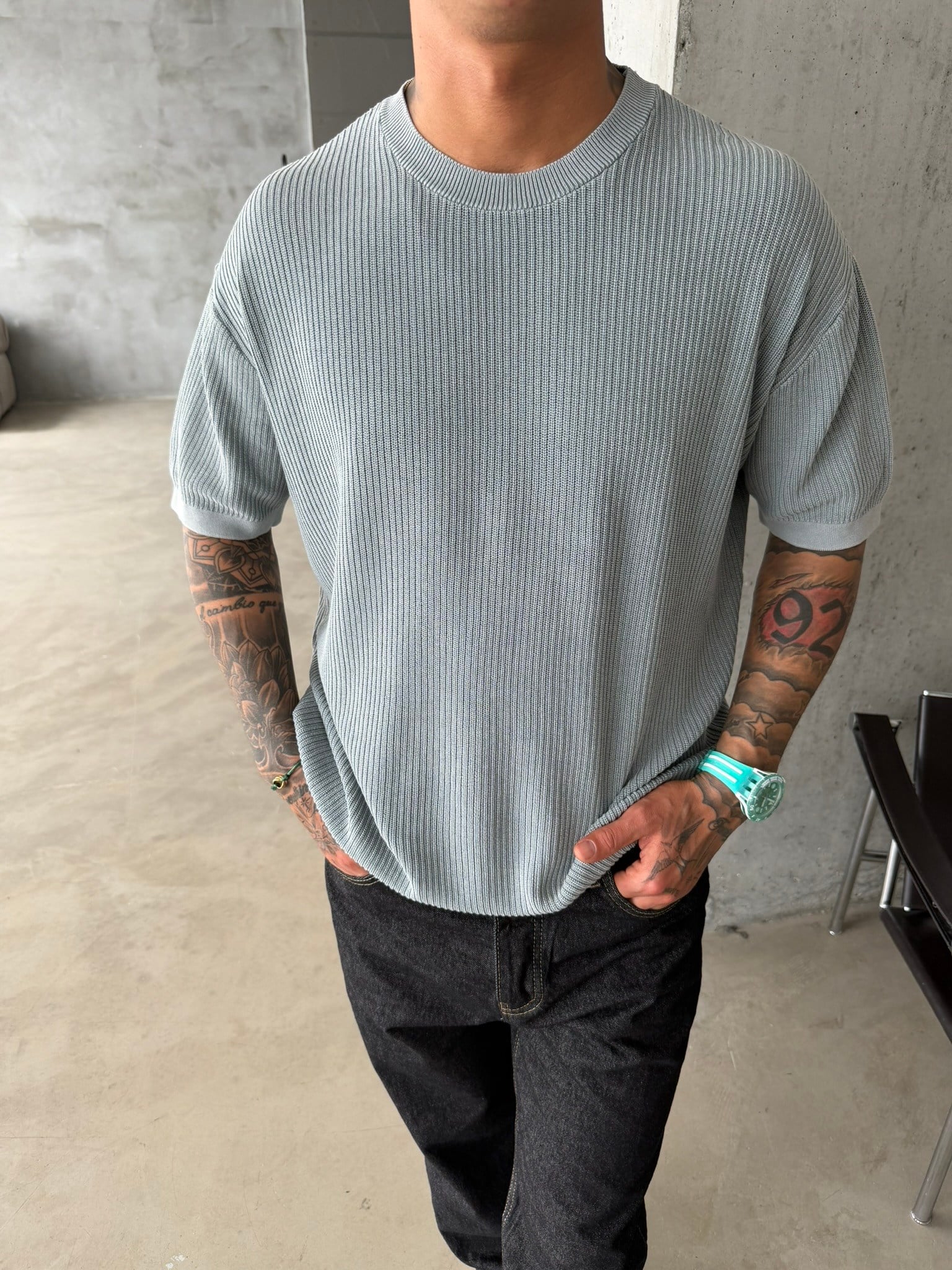 Acid Yıkamalı Fittilli Basic T-Shirt - Gri