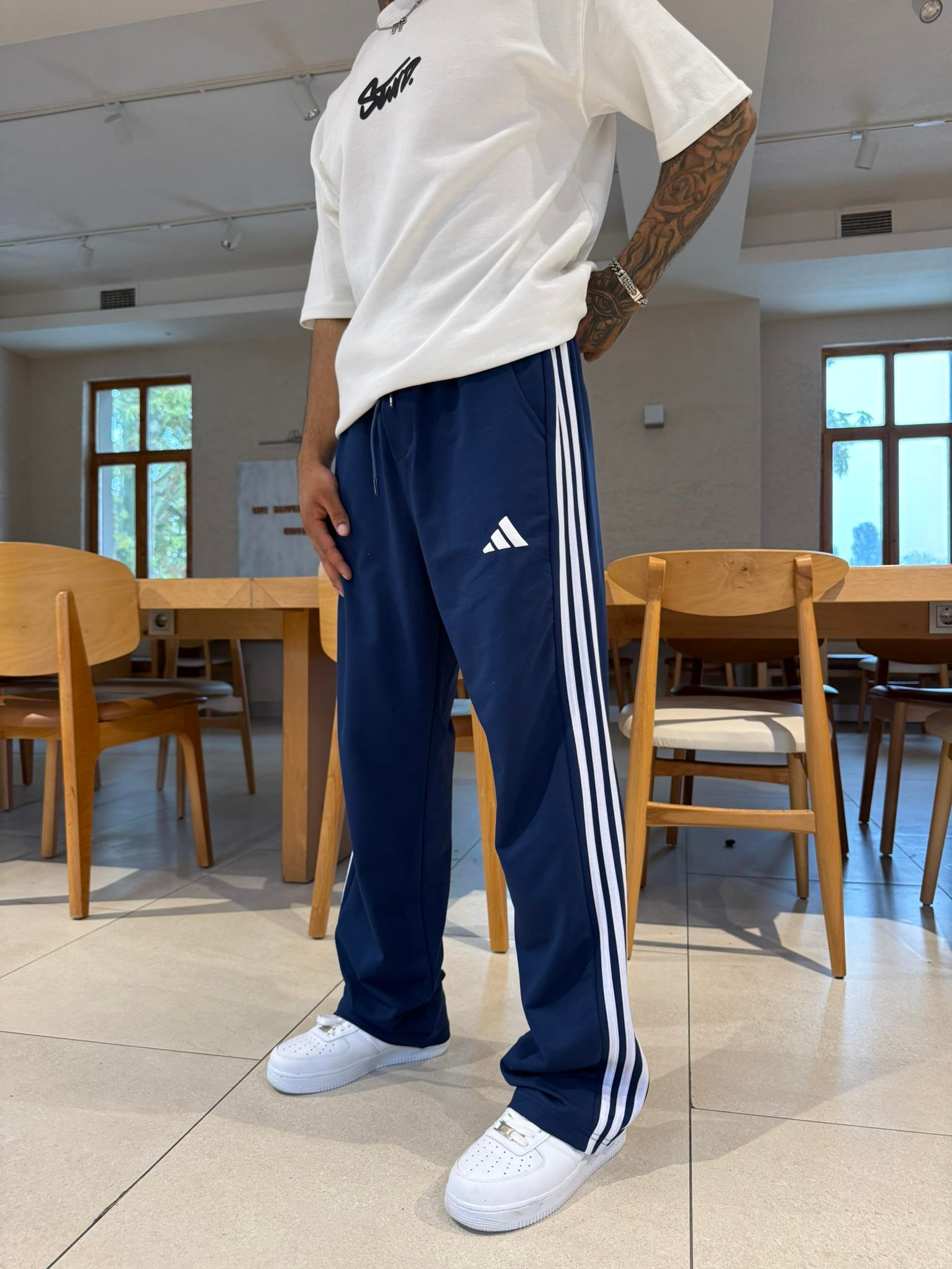 AD Kabartma Baskı Şeritli Eşofman - İndigo