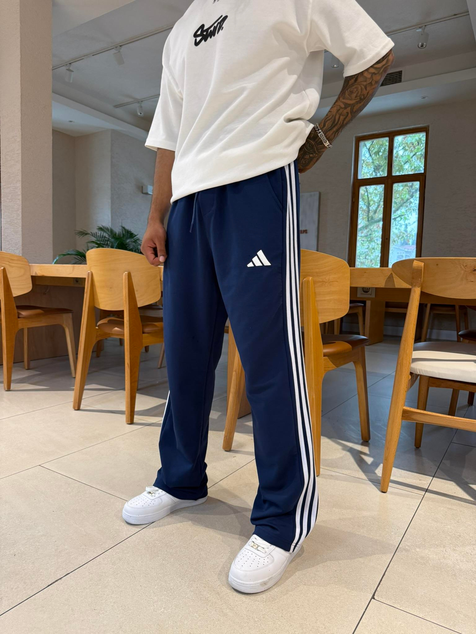 AD Kabartma Baskı Şeritli Eşofman - İndigo