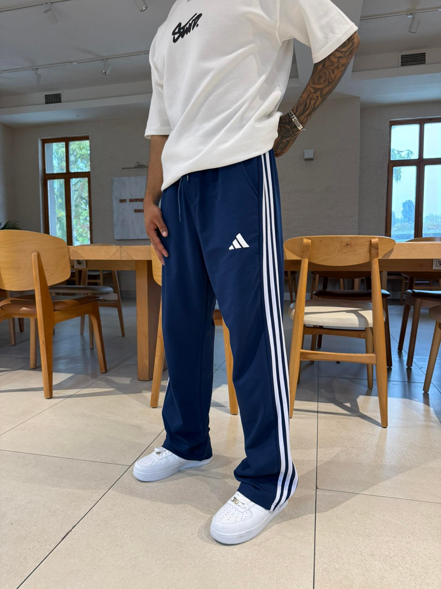 AD Kabartma Baskı Şeritli Eşofman - İndigo