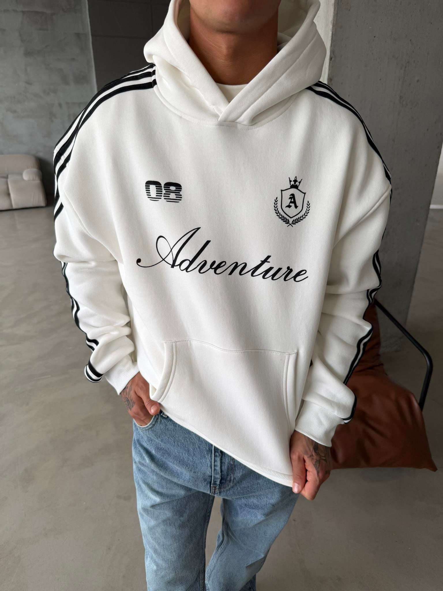 Adventure 08 Cizgili Hoodie - Beyaz