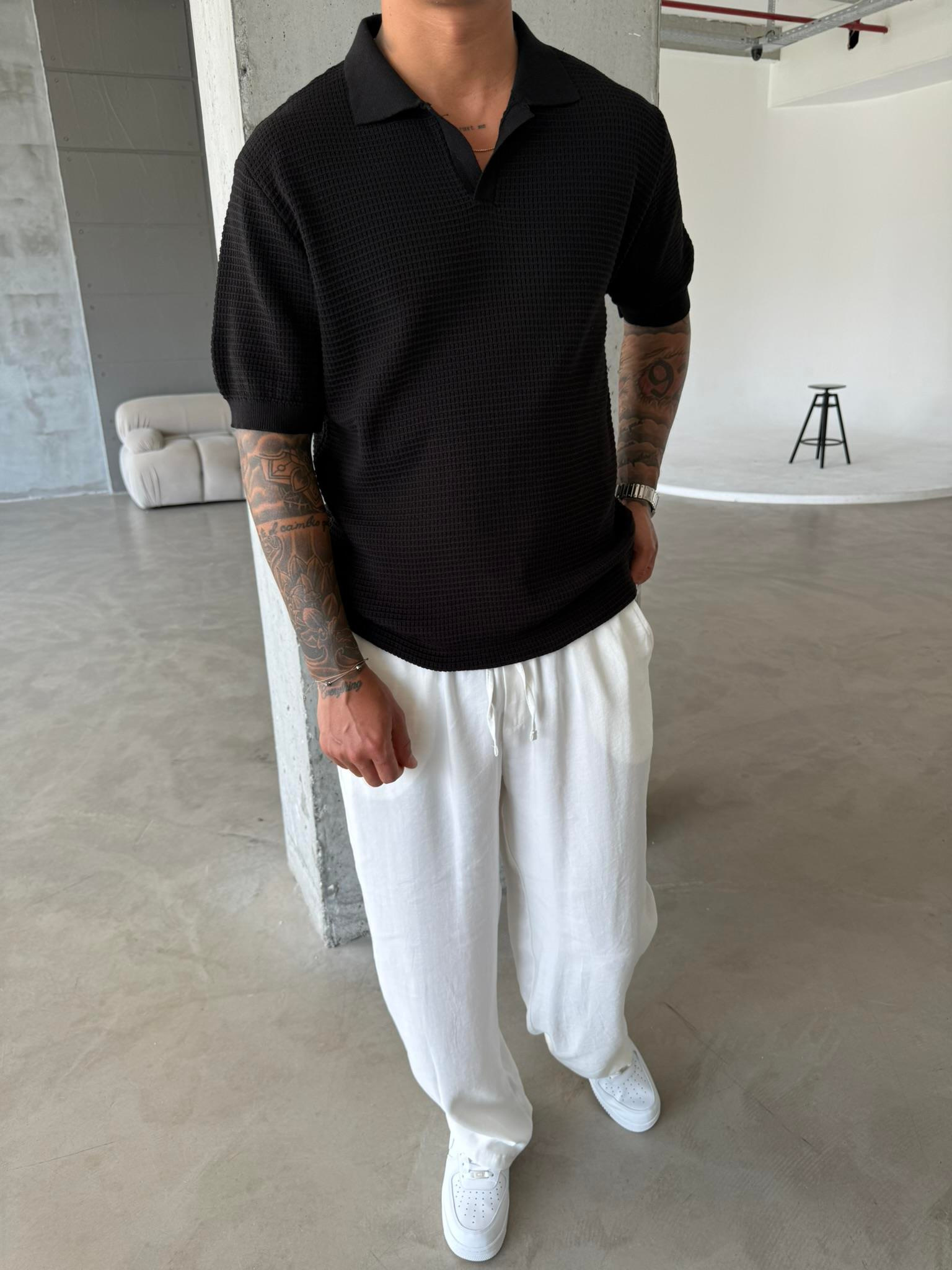 Ajurlu Patlı Triko Lacivert Polo Yaka T-Shirt - Siyah