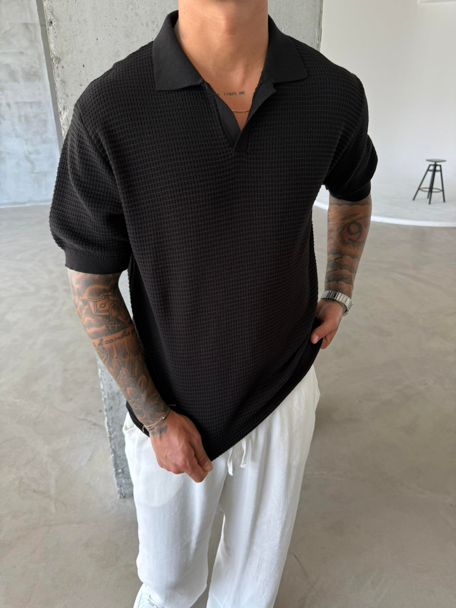 Ajurlu Patlı Triko Lacivert Polo Yaka T-Shirt - Siyah