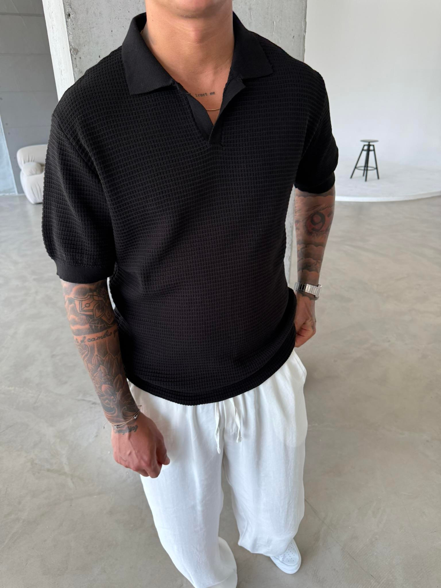 Ajurlu Patlı Triko Lacivert Polo Yaka T-Shirt - Siyah