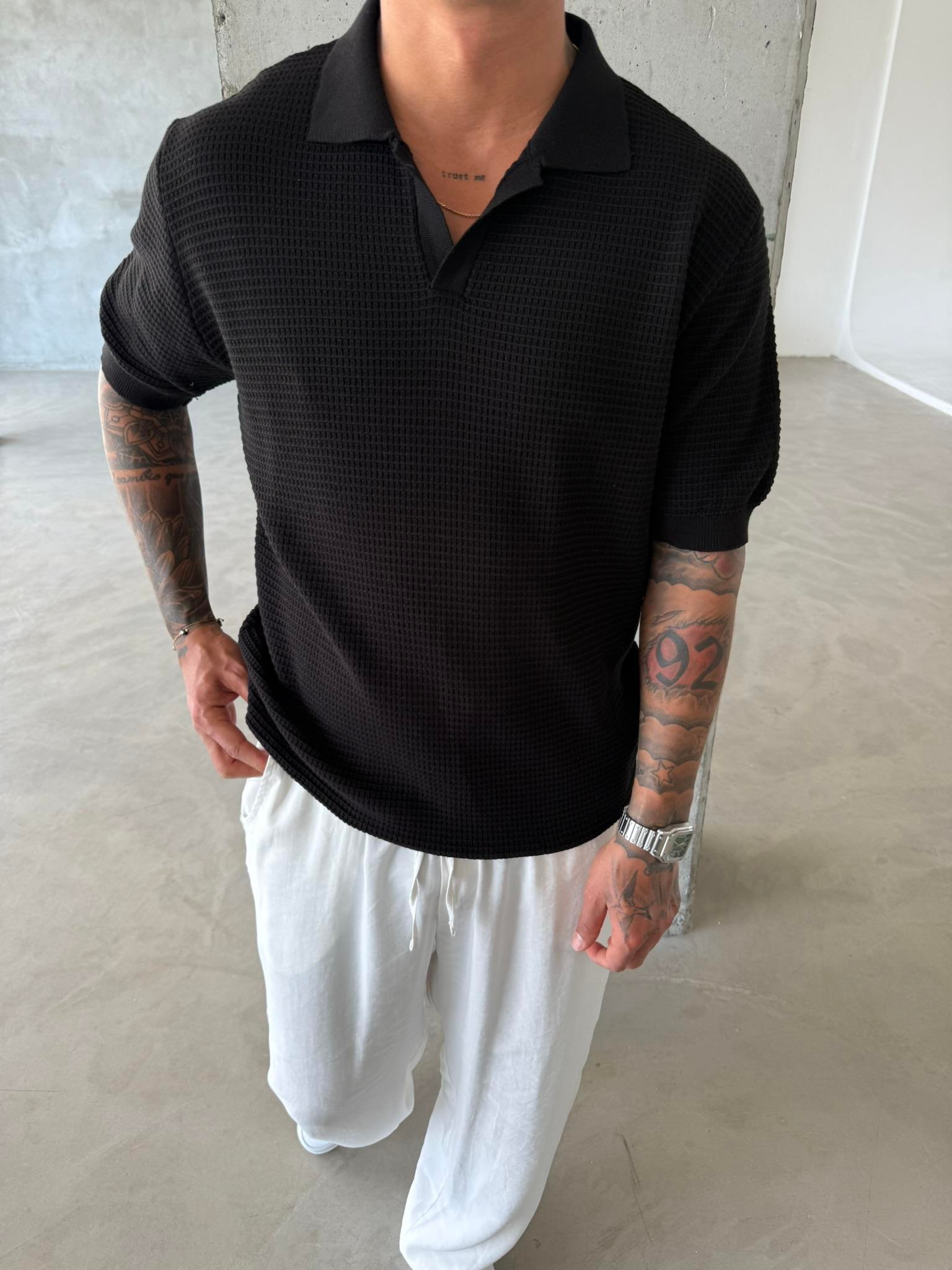 Ajurlu Patlı Triko Lacivert Polo Yaka T-Shirt - Siyah