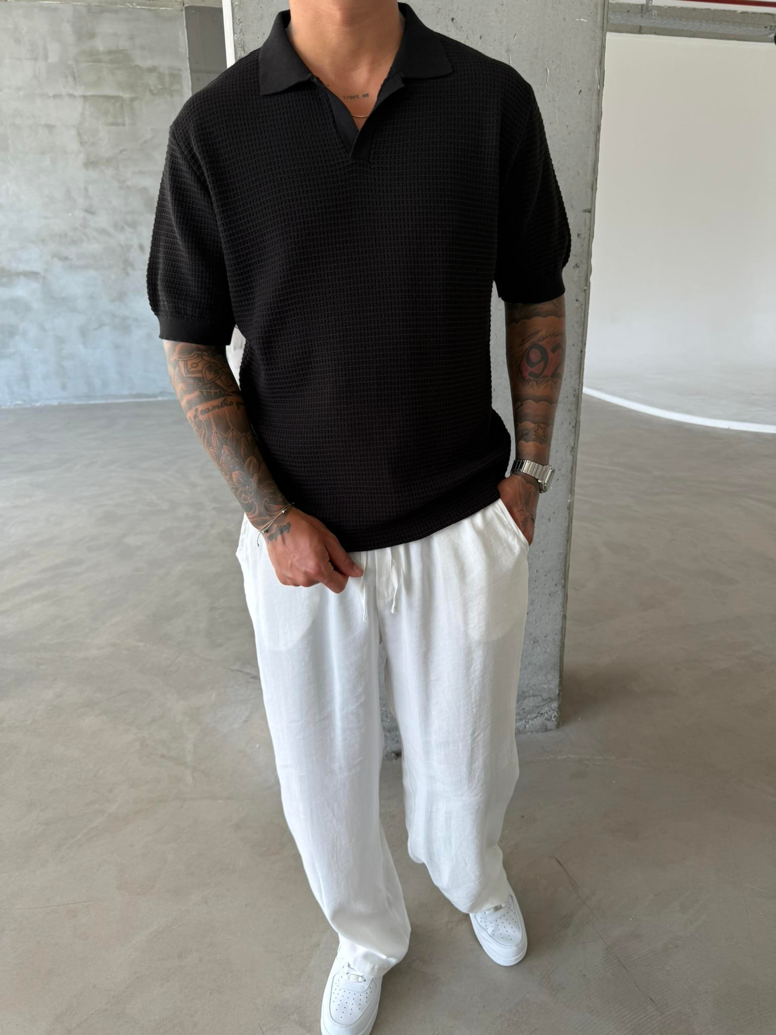 Ajurlu Patlı Triko Lacivert Polo Yaka T-Shirt - Siyah