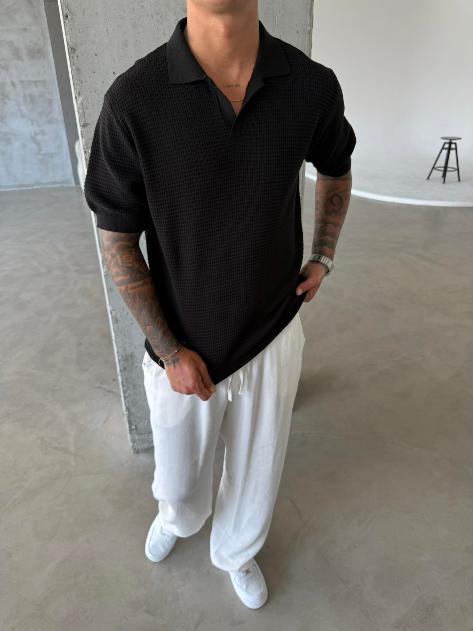 Ajurlu Patlı Triko Lacivert Polo Yaka T-Shirt - Siyah