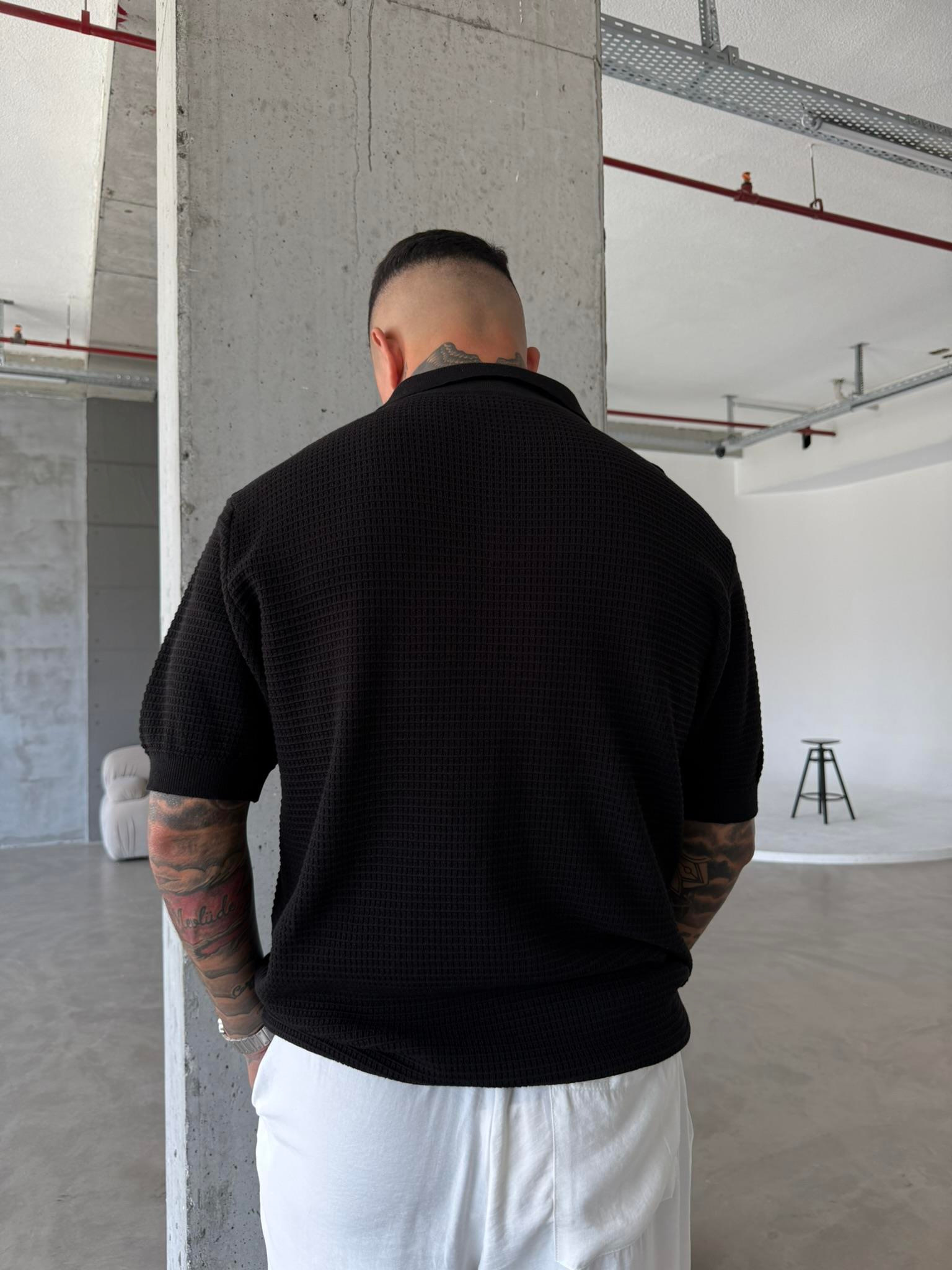 Ajurlu Patlı Triko Lacivert Polo Yaka T-Shirt - Siyah